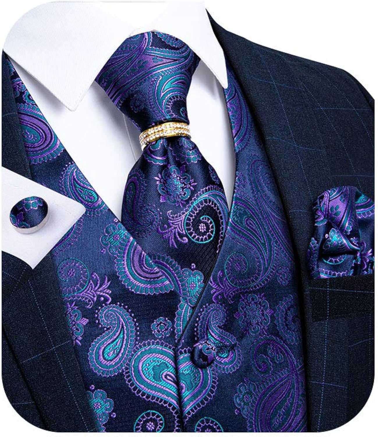 DiBanGu Mens Suit Vest Set, 5 PCS Tuxedo Waistcoat and Tie Pocket Square Cufflinks Tie Ring for Wedding at  Men’s Clothing store