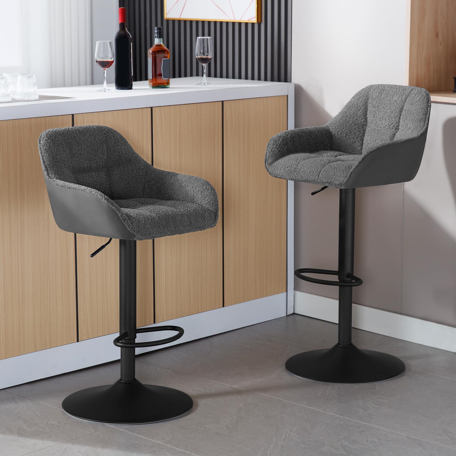 WOLTU Barhocker 2er Set, Barstuhl höhenverstellbar, Küchenhocker Bistrohocker Tresenhocker mit Lehne Fußstütze, drehbar, gepolstert, Chenille Cord Metall, Dunkelgrau, BH400dgr-2
