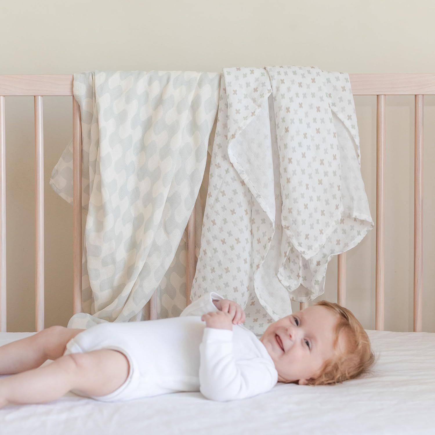 Muslin Swaddle Blankets – Set of 2 Gender Neutral Patterns- Large 47″x47″,Organic Cotton & Viscose from Bamboo, Extra Soft Newborn Swaddles, Baby Shower for Boys & Girls (Gray Waves & Crosses)