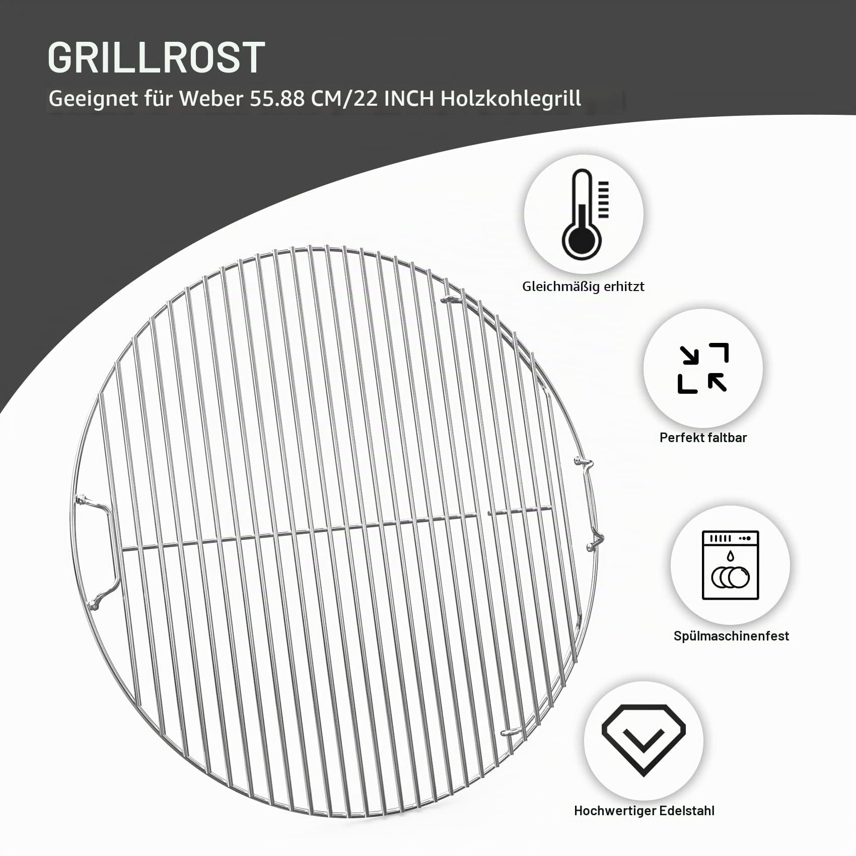 onlyfire Edelstahl Grillrost, Ø 54,5 cm, Grillrost Rund mit Griff, Grillgitter für Weber 57 cm Kugelgrill, Holzkohle Grill, Einzelne Öffnung, Gasgrill Zubehör, Schwenkgrill Grillzubehör
