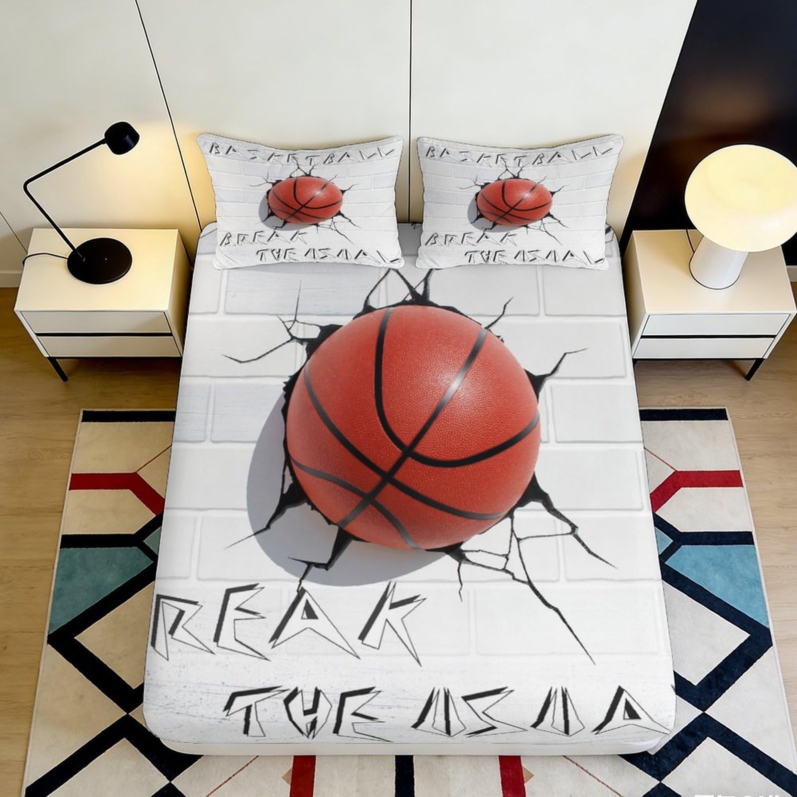 Uynsixtme Style-4 3D Printed Basketball Theme Fitted Sheet Microfiber Deep Pocket Non-Slip Bedroom Basketball Mattress Fitted Cover For Adults Teens 140X200x25cm