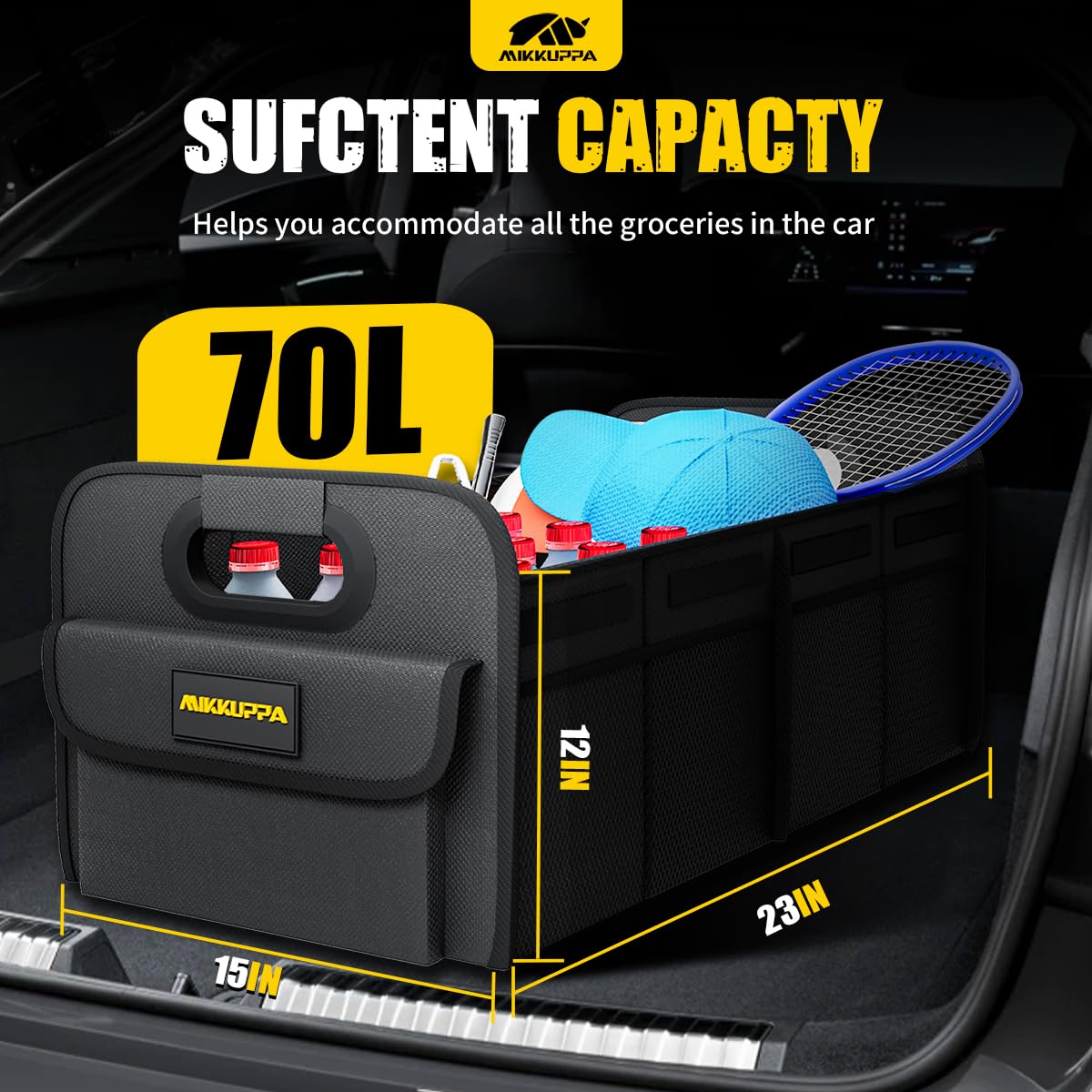 MIKKUPPA Car Trunk Organizer - 70L Collapsible Trunk Organizer for Groceries, Car Storage Organizers for SUV Auto Truck Van with Non Slip Bottom (Black)
