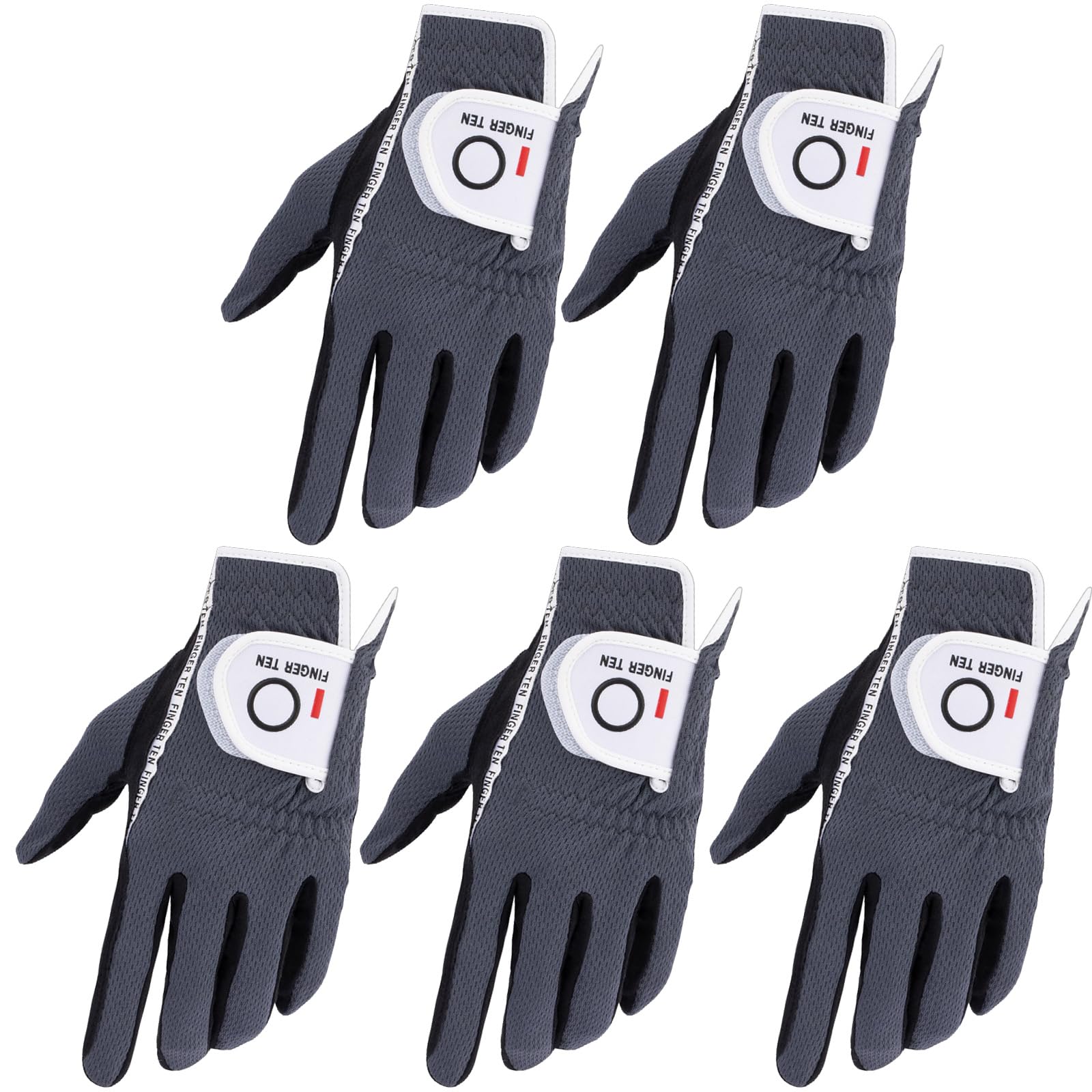FINGER TEN Golf Gloves Men Left Hand Right Rain Grip Weathersof Value 5 Pack,Mens Golf Glove Wear Resistant Non Slip All Weather Soft Durable (Grey, Medium, Left)
