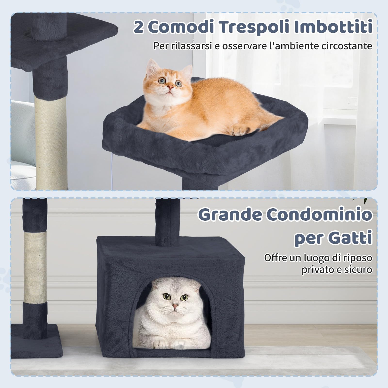GYMAX Tiragraffi a 7 Livelli, Albero per Gatti in Legno con Casetta per Gatti e 2 Piattaforme, Albero Attività con Tronchi, Pannelli da Graffiare e Palline Gioco, Torre Tiragraffi (Grigio scuro)