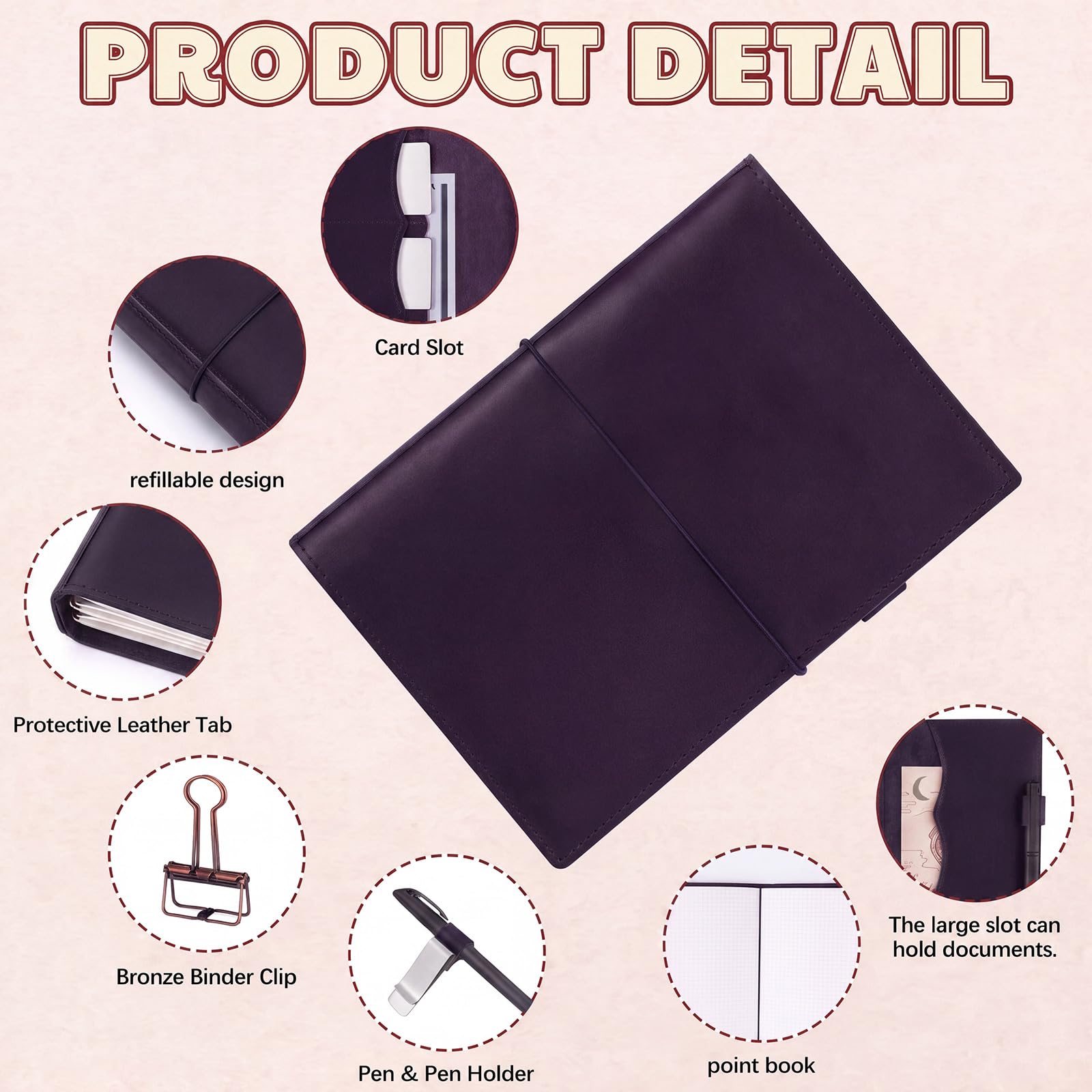 Eaasty Funda de cuero para cuaderno de viajeros A5 con bolsillos interiores, ranuras para tarjetas y soporte para bolígrafos, inserciones de diario de viajero, carpeta de PVC, clip de carpeta y bandas