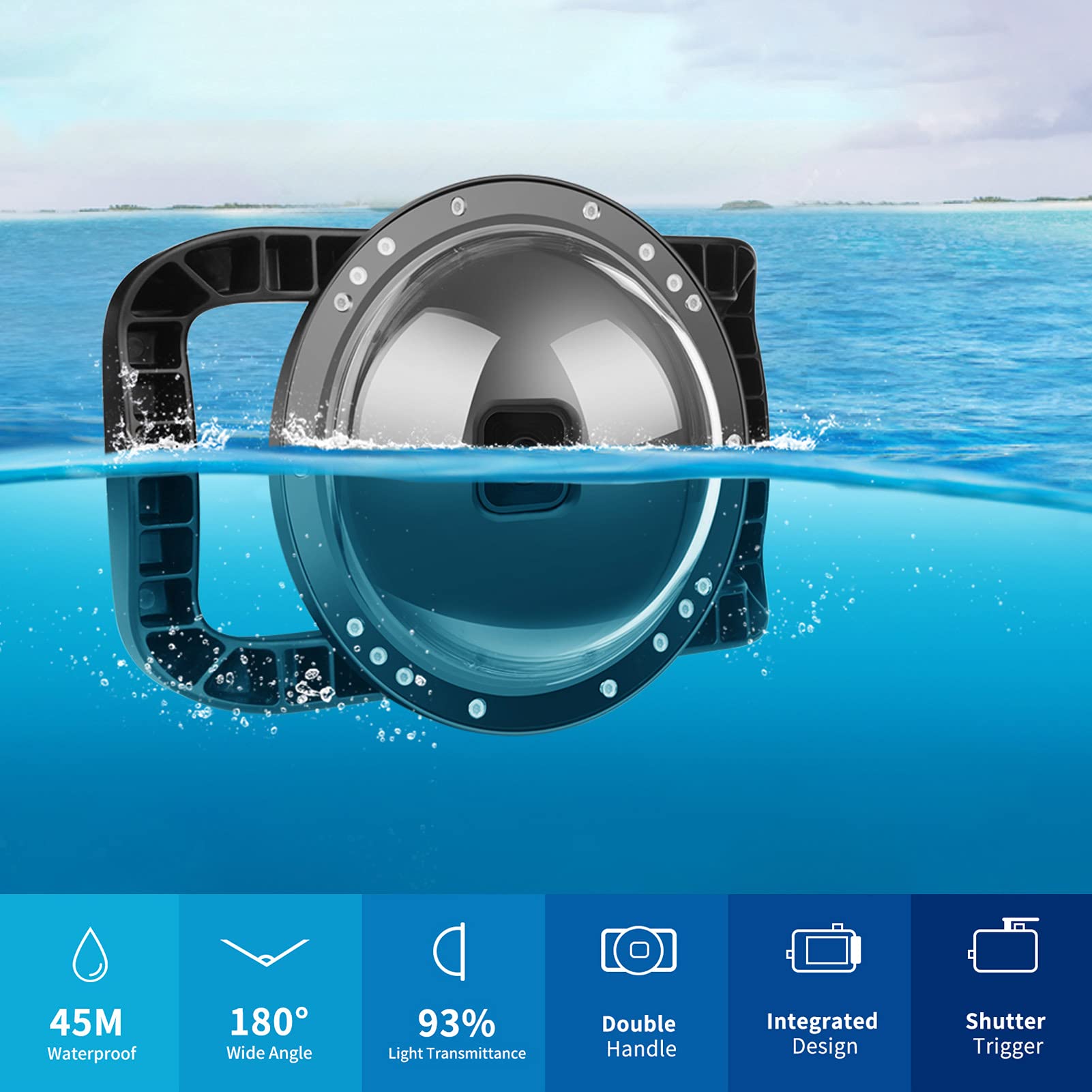 Obiettivo Dome Port per 10 e 9 Nero, Custodia, Accessori per Fotografia Subacquea Grandangolare da 45 m/180°