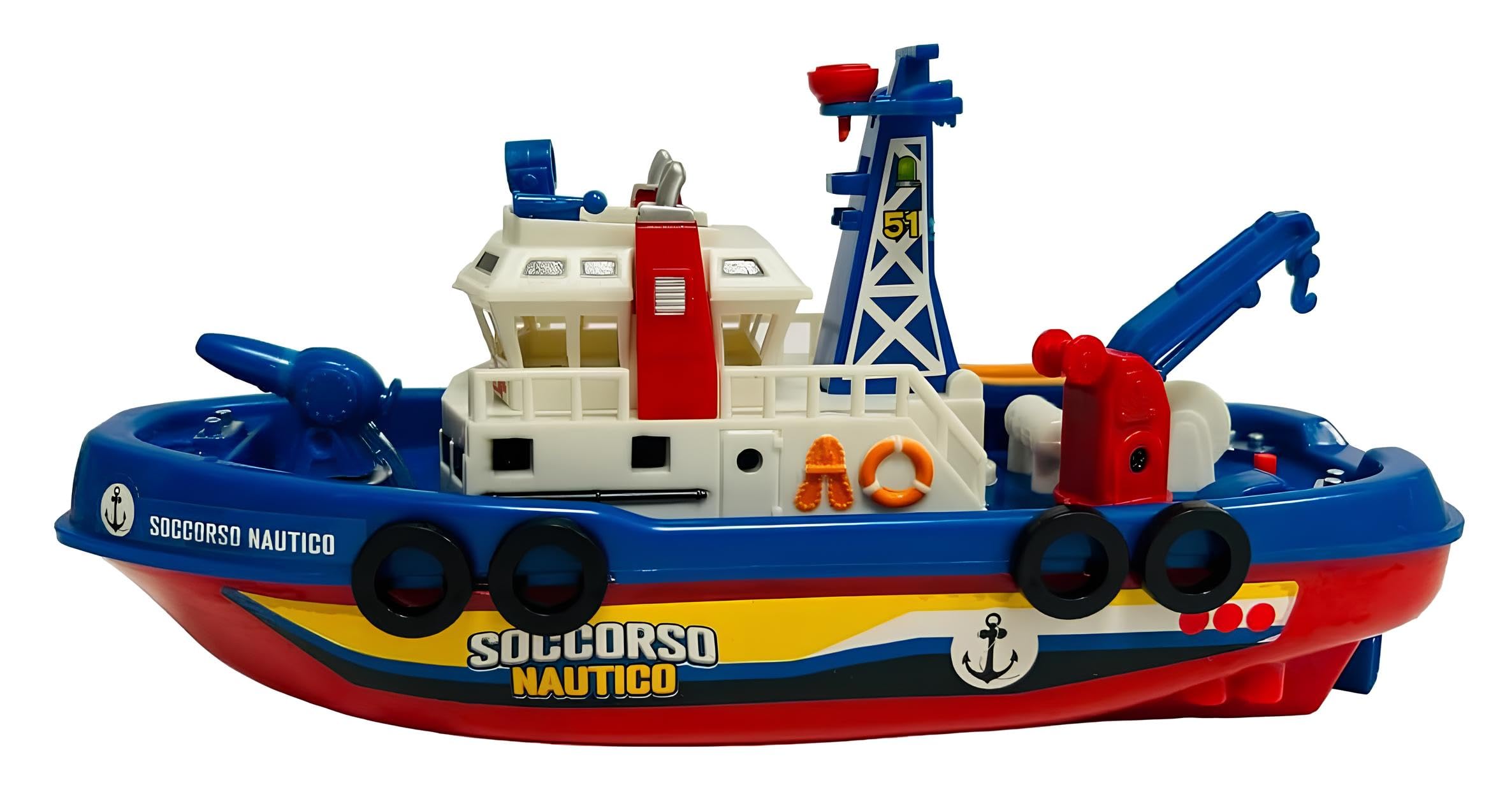 Barca Giocattolo con Cannone Spara Acqua Motoscafo a Batteria Funzionante Motoscafo Elettrico Battello Antincendio Giocattolo Nave Pompieri Soccorso Marittimo Nave Giocattolo Soccorso Nautico a Motore