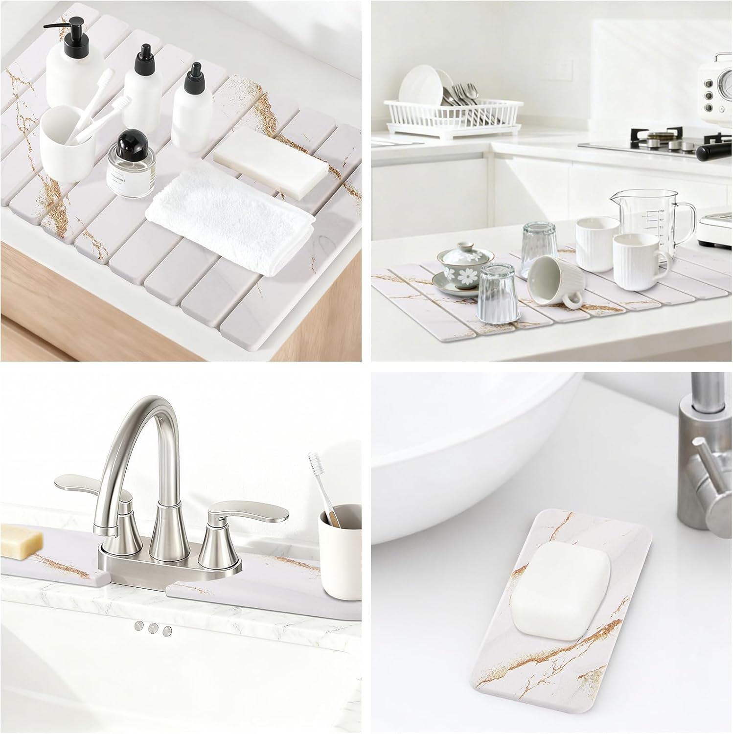 3 PCS Large Stone Dish Drying Mat for Kitchen Counter, Quick Dry Stone Dishes Mats, Sink Faucet Mat, Marble Water Absorbing Diatomaceous Earth Drying Pad for Countertop Tableware, Bottles