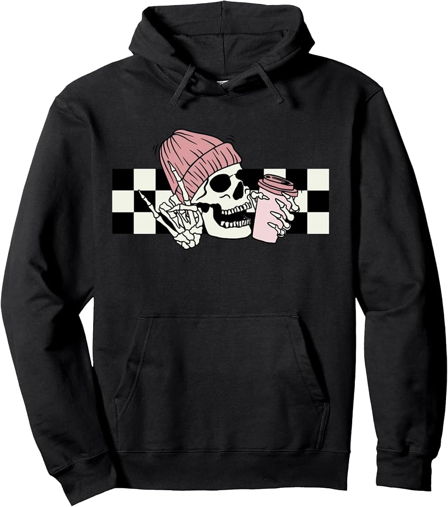 Skeleton Peace Sign Coffee Checkerboard Pullover Hoodie