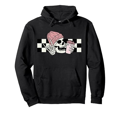 Skeleton Peace Sign Coffee Checkerboard Pullover Hoodie