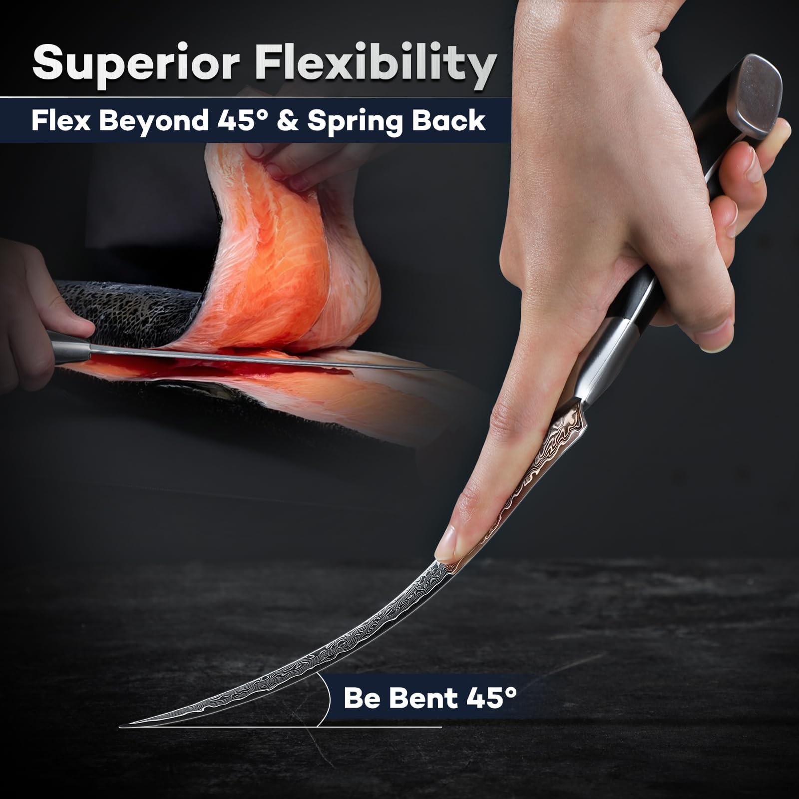 DRAGON RIOT Filetiermesser Fisch - Profi Fischmesser, Scharf Damastmesser mit Ergonomischer Griff, Japanisches Ausbeinmesser mit Flexibler Klinge, Damaststahl Filetiermesser