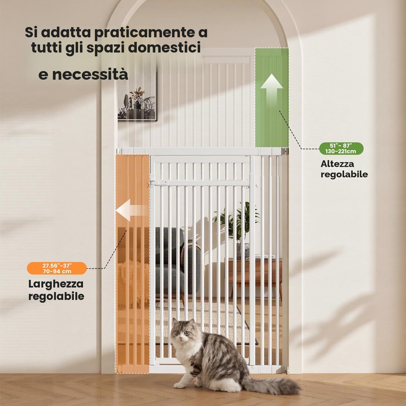 Gardner Pet Cancello per Gatti Extra Alto 130-221 cm, Bianco | Largo regolabile 70-94 cm, Senza Foratura, Montaggio a Pressione, per Scale, Porte, Monolocali, Cucina