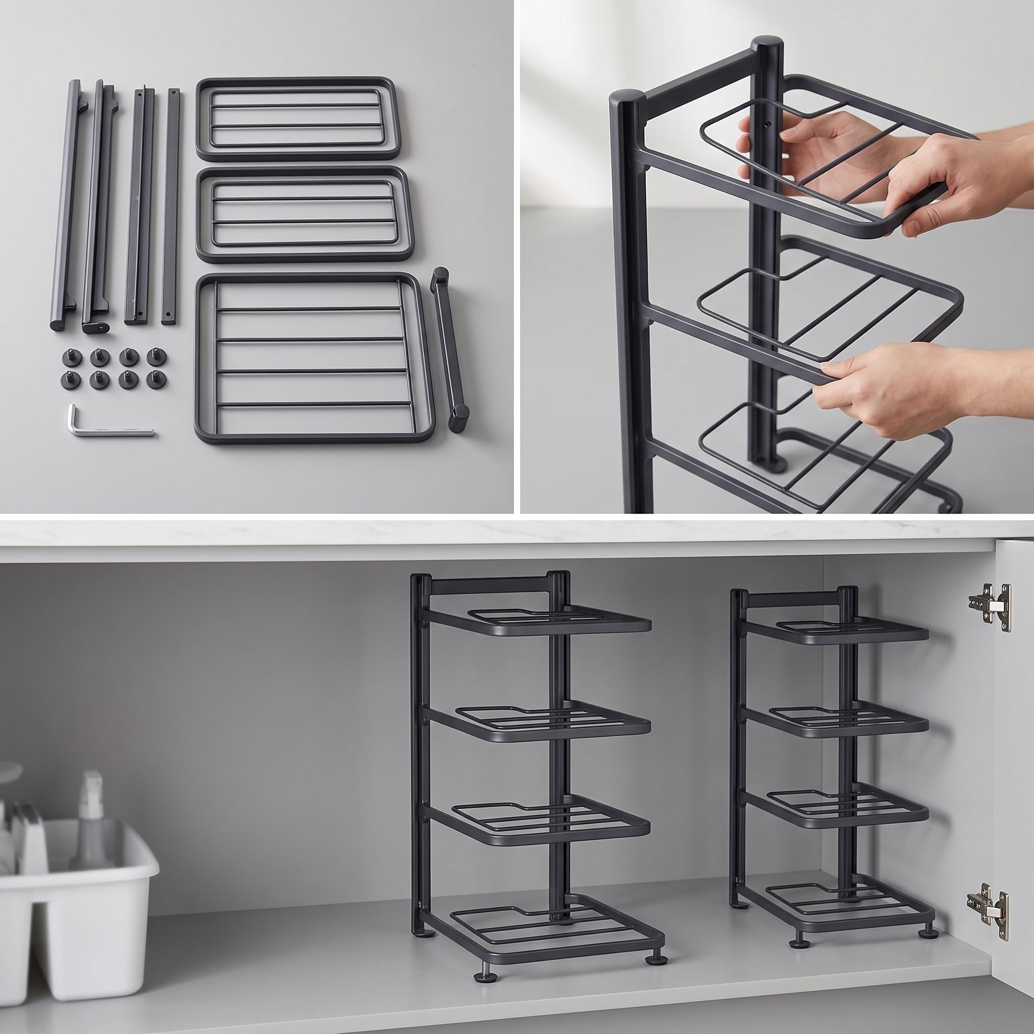 Homyl Organisateur sous évier en métal, étagère rangement pour cuisine, pot rack robuste et réglable, four-layer