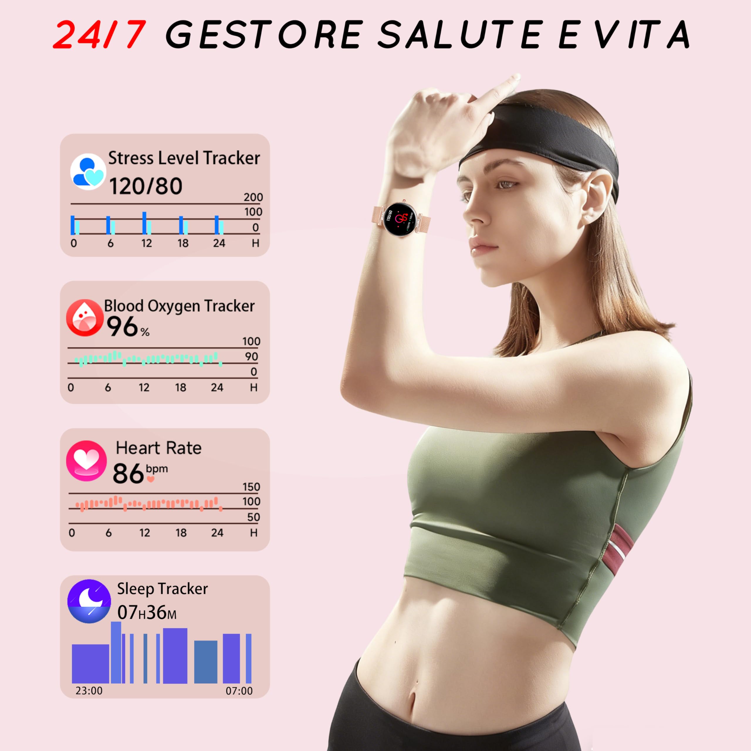 Smartwatch Donna 1.19'' AMOLDE Orologio Intelligente Donna con Chiamate Bluetooth/Notifiche WhatsApp/Sonno SpO2 Frequenza Cardiaca, 120+ Modalità Sportive Contapassi Smartwatch, Oro Rosa/3 Cinturino