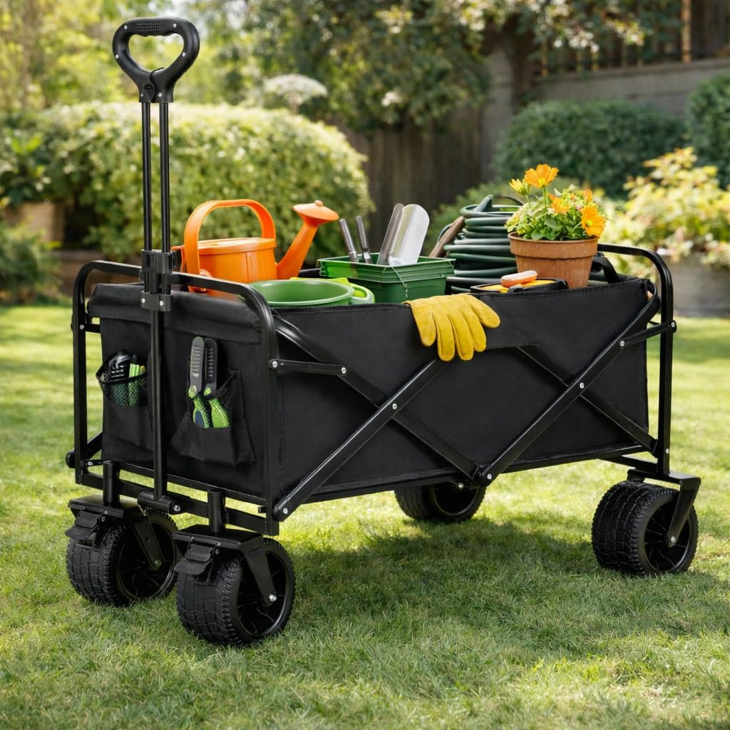Carro de Mano Plegable con Ruedas Grandes Todoterreno | Carrito Multiusos Ideal Playa, Compra, Jardín o Camping | Carga hasta 150kg | Asa Ajustable | Auxiliar | Transporte de Herramientas o Juguetes — view 2