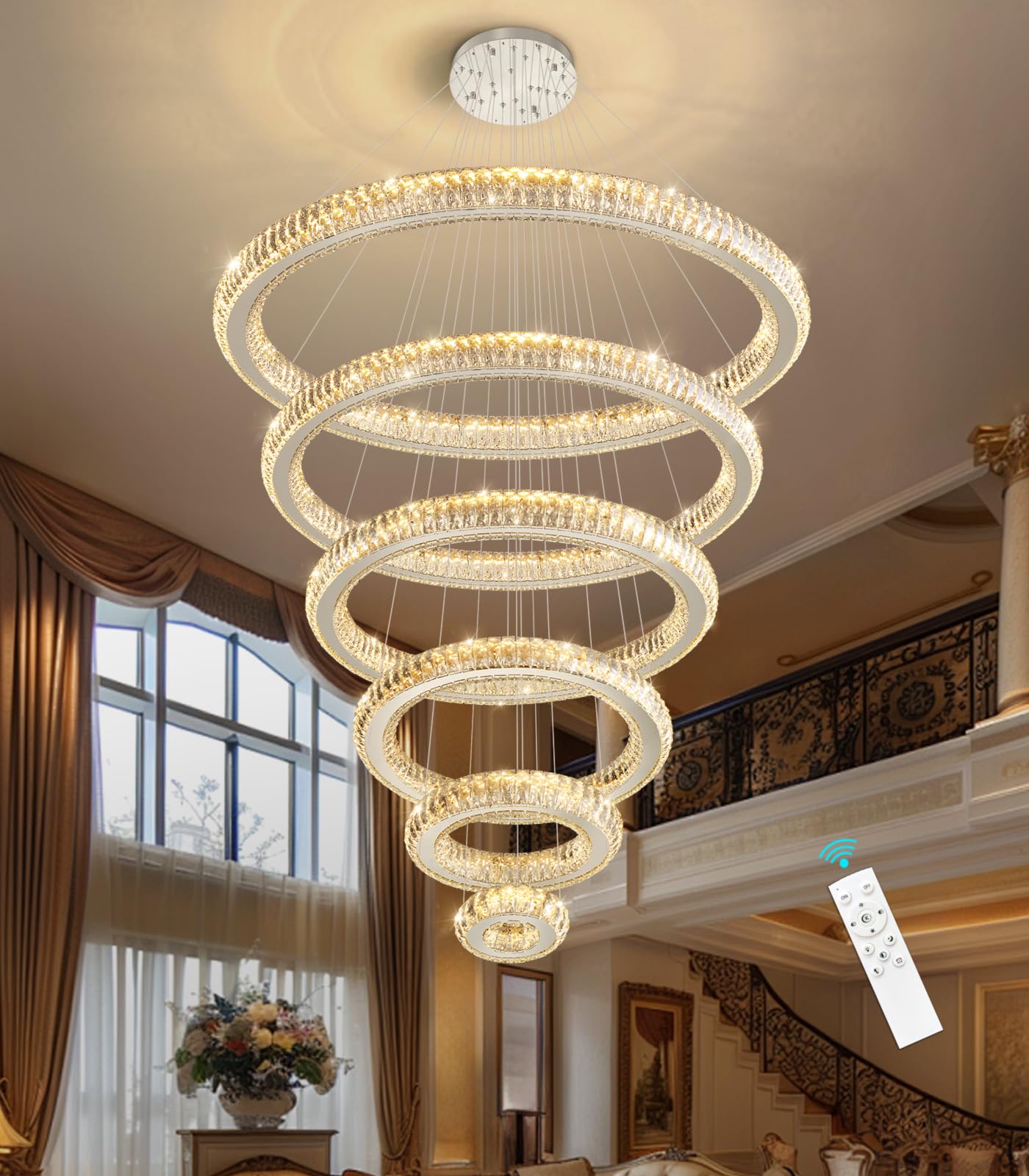 Modern Chandelier 8 16 24 32 40 47 6 Rings Crystal LED Dimmable Lighting Foyer Entryway High Ceiling