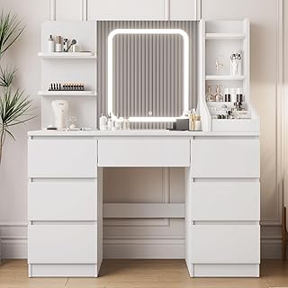 TRIUMPHKEY Dressing Table, Vanity Desk with Large Lighted Mirror, Adjustable Brightness, Modern Vanity Table with 7 Drawers, 4 Shelves and 3 Open Compartments for Bedroom, 110x40x139cm, White