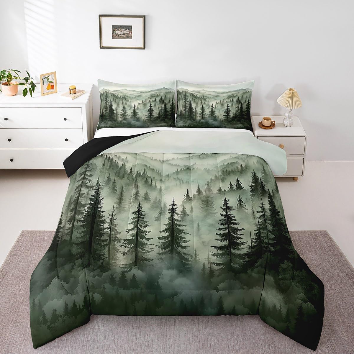 Erosebridal Smoky Mountain Bedding Set King,Nature Forest Green Comforter Set Rustic Woodland Botanical Pine Tree Quilt Set for Kids Adults Natural Jungle Plants Bed Duvet Set 3 Pcs