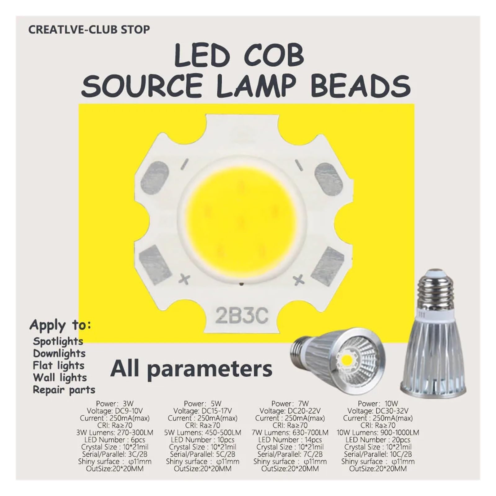 Lote de 10 bombillas LED COB de alta potencia de 3 W, 5 W, 7 W, 10 W y 250 mA for linternas, focos y luces empotradas.(White,10W DC30-32V)