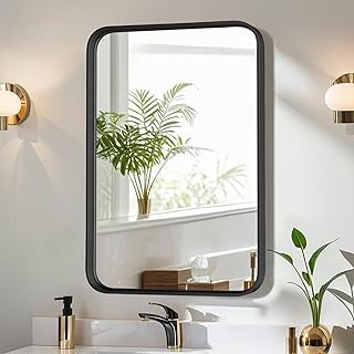 Bathroom Mirror for Wall, 30x22 Inch Rounded Rectangle Mirror, Black Met...