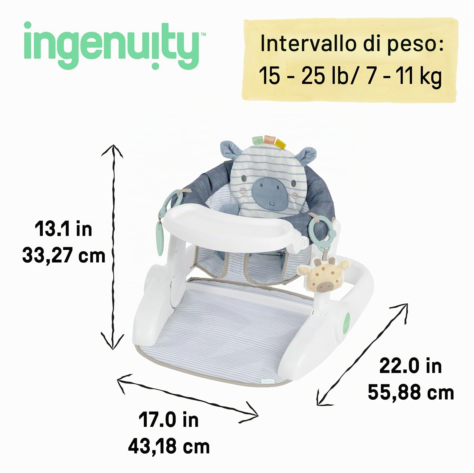 Ingenuity, Sedile da pavimento Prop Spot Learn-To-Sit, 2 giocattoli agganciabili, tappetino per gioco a pancia in giù, unisex, 4-12 mesi - Casi