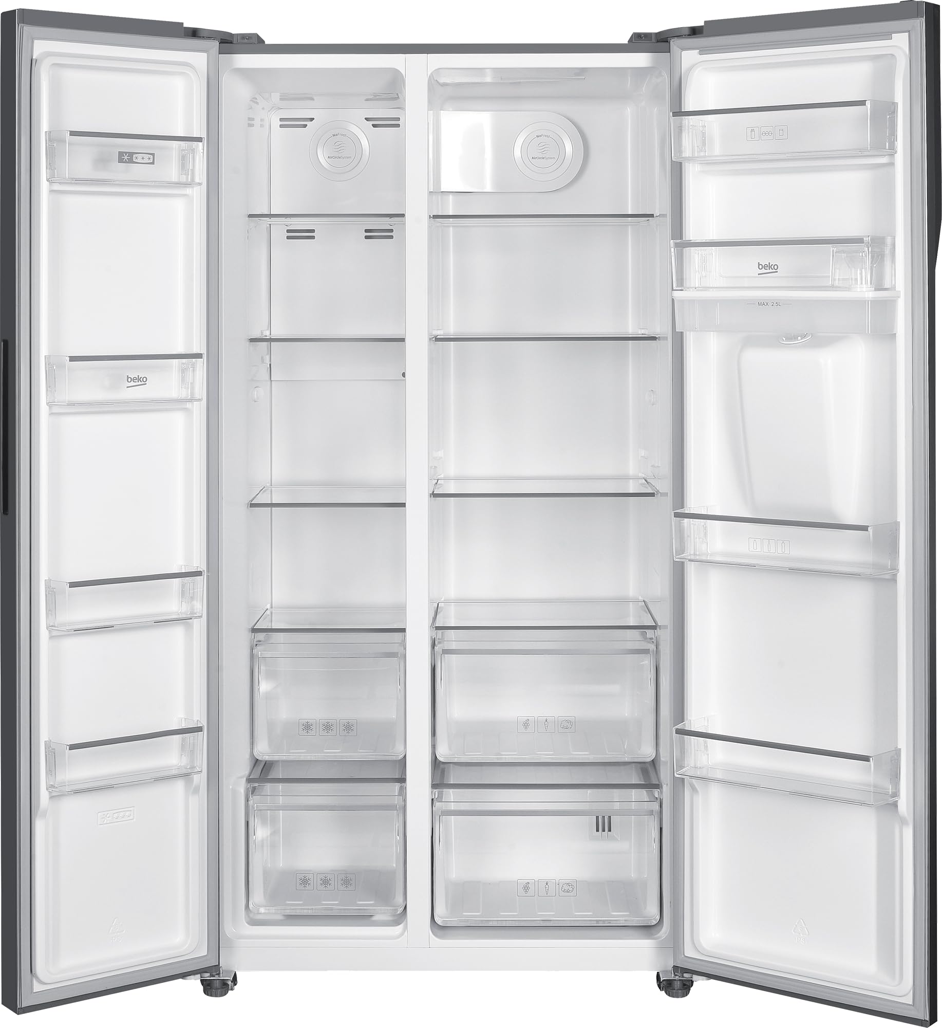 Beko GNO5322WDXPN Side-by-Side, Kühlschrank, Gefrierschrank, 532 l Gesamtvolumen, 347 Liter Kühlbereich, 185 Liter Gefrierbereich, Multifunktionsdisplay, NoFrost, Wasserspender, Edelstahl