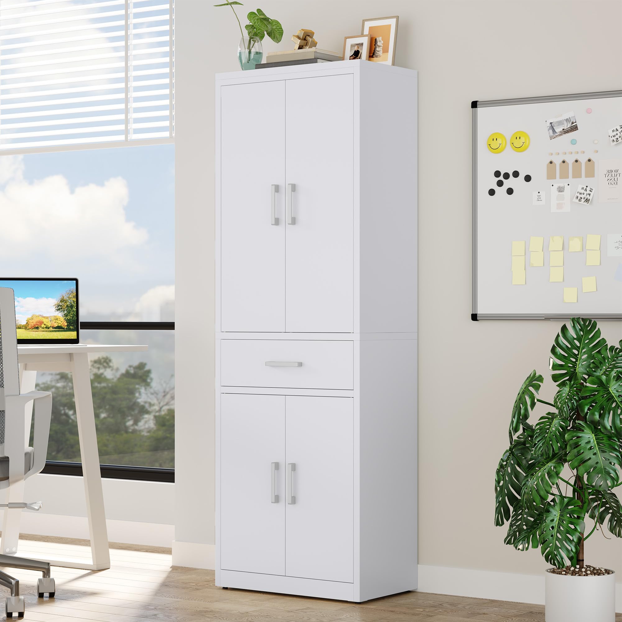 YITAHOME Aktenschrank, Aufbewahrungsschrank mit 3 verstellbaren Regalen, Büro Aktenschrank mit Schublade, Stahl Büro Schrank für Büro Küche Garage, 180H cm x 60W cm x 34D cm, Weiß