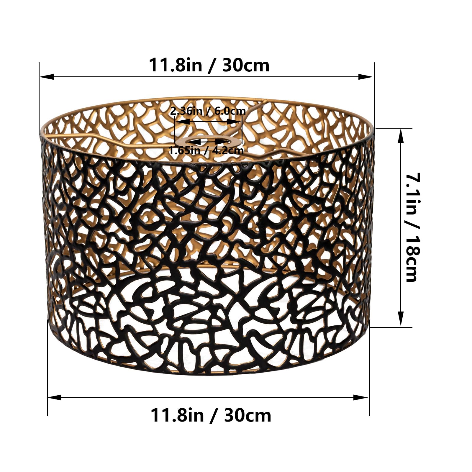 Paralume vintage in metallo, nero oro, intagliato, a tamburo, per lampada da terra, lampada a sospensione, lampada da tavolo, lampada da soffitto (rotondo 7 GB)