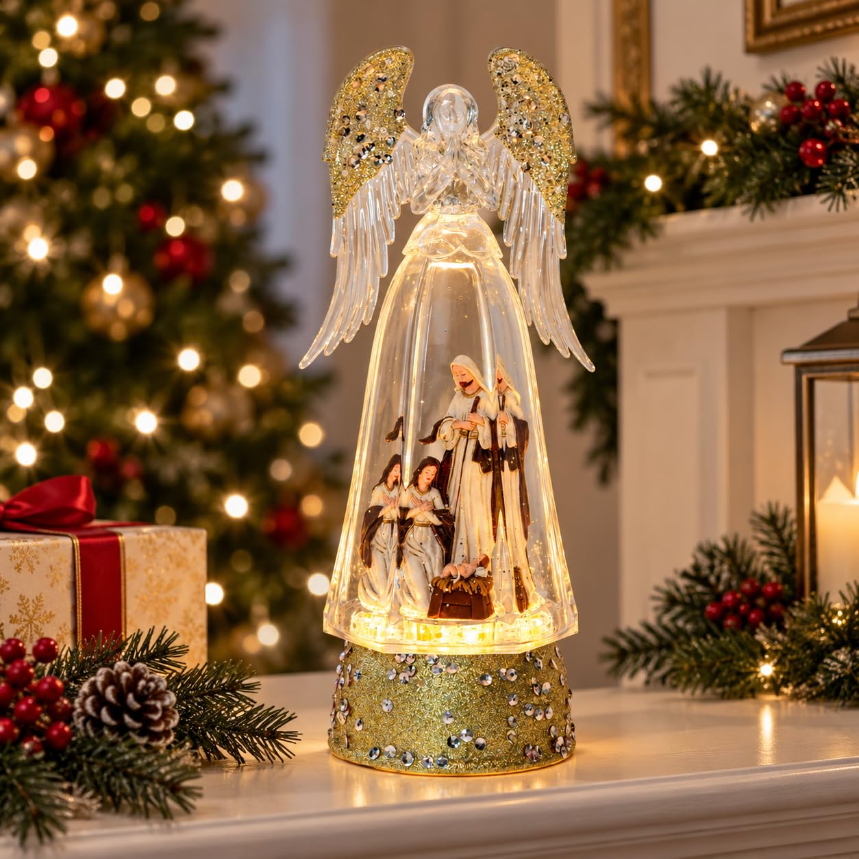 Lighted Angel Nativity Snow Globe Figurine, Gold Glitter Wings, Christmas Holiday Decoration
