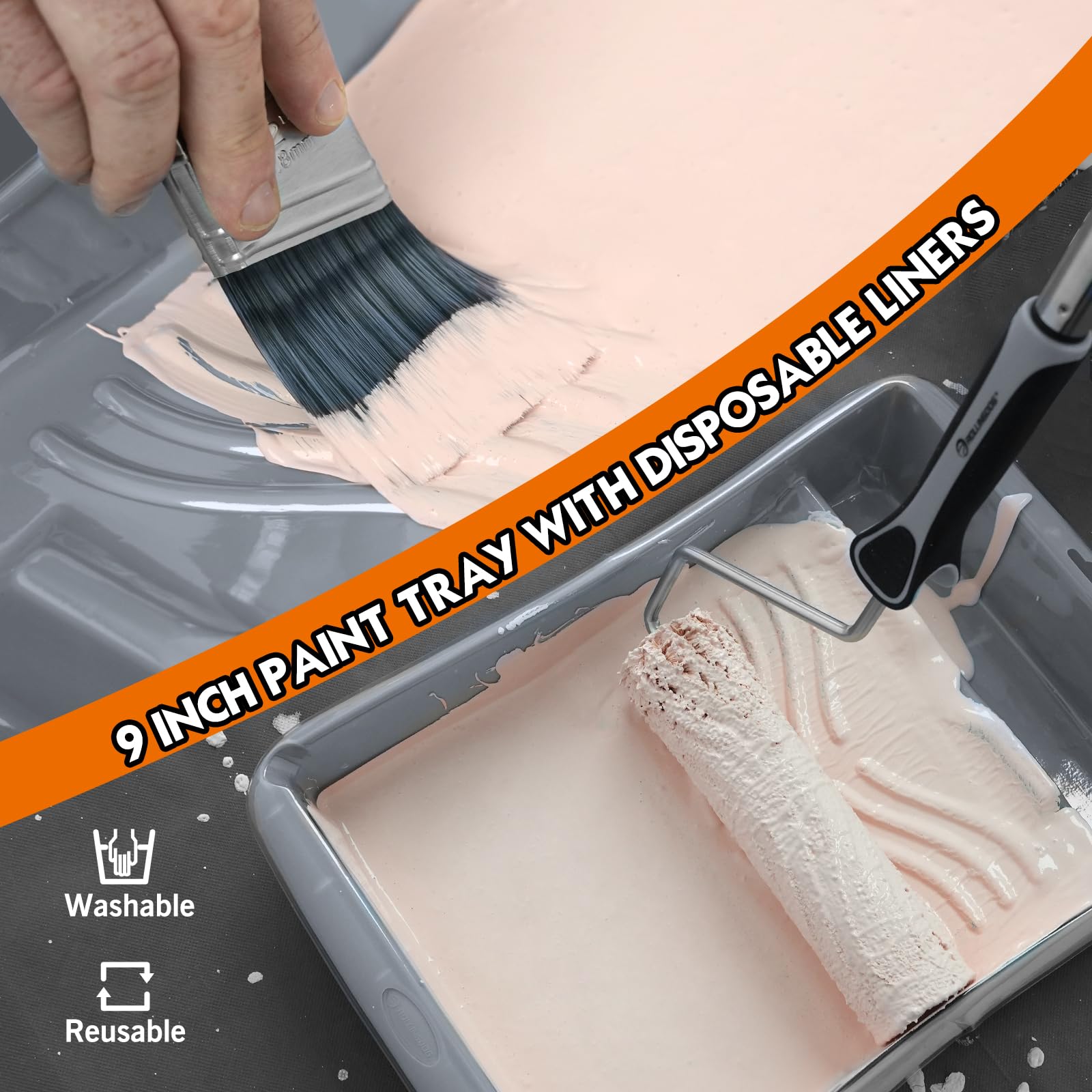 ROLLINGDOG Kit di 11 rulli per pittura da 22,9 cm con telaio, asta di estensione, vassoio di vernice con fodere, pennelli, detergente per rullo e nastro adesivo per pittura a parete, soffitto, casa
