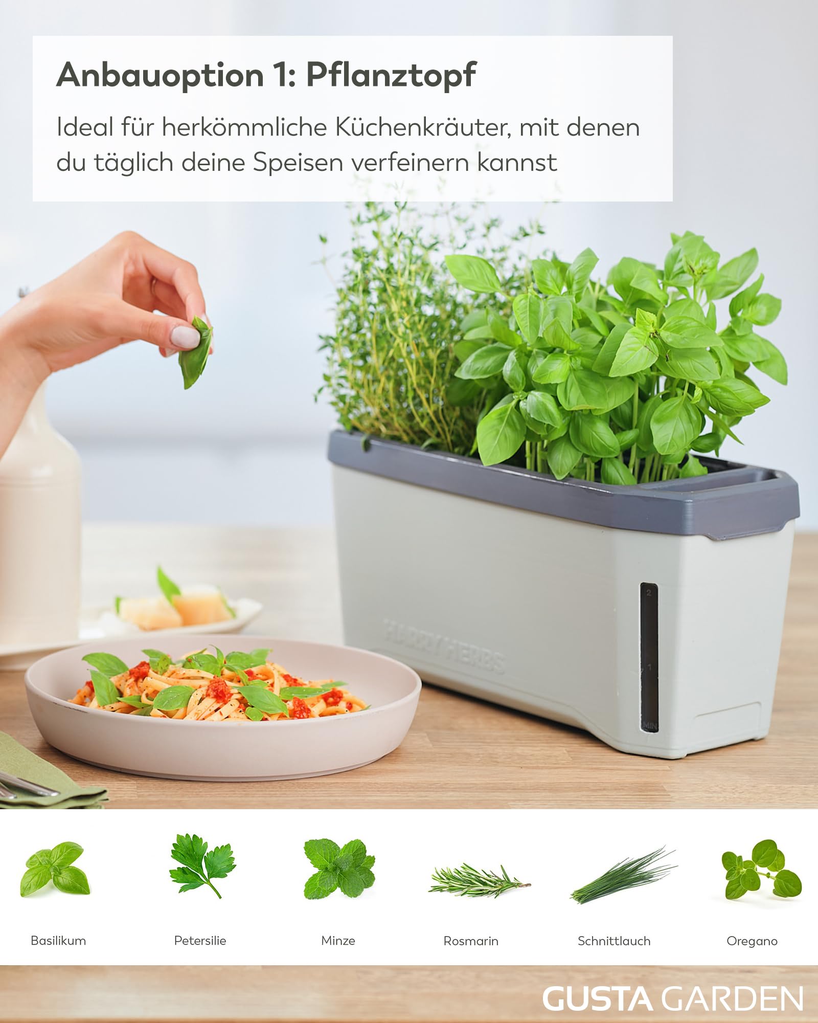 Harry Herbs - 4 in 1 Kräutertopf - Anzucht - Microgreens - Hydroponik - integriertes Wasserreservoir mit Bewässerungssystem - inklusive Wasserstandsanzeige - indoor & outdoor (hellgrau, mit Haube)