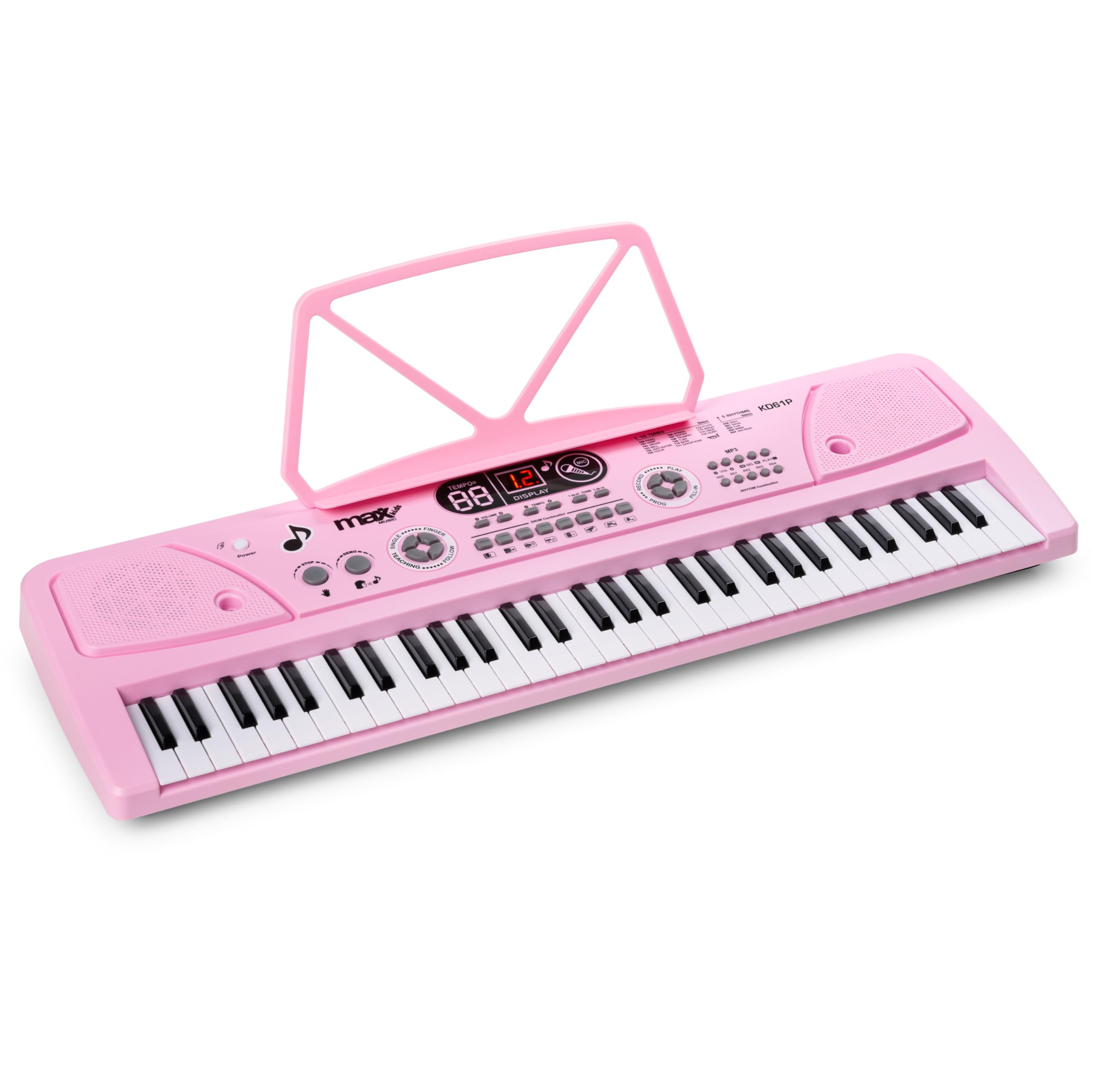 MAX KD61P – Piano infantil digital 61 teclas con soporte ajustable, batería recargable, micrófono, display LED, grabación, ritmos y acordes, ideal teclado musical para niños y principiantes