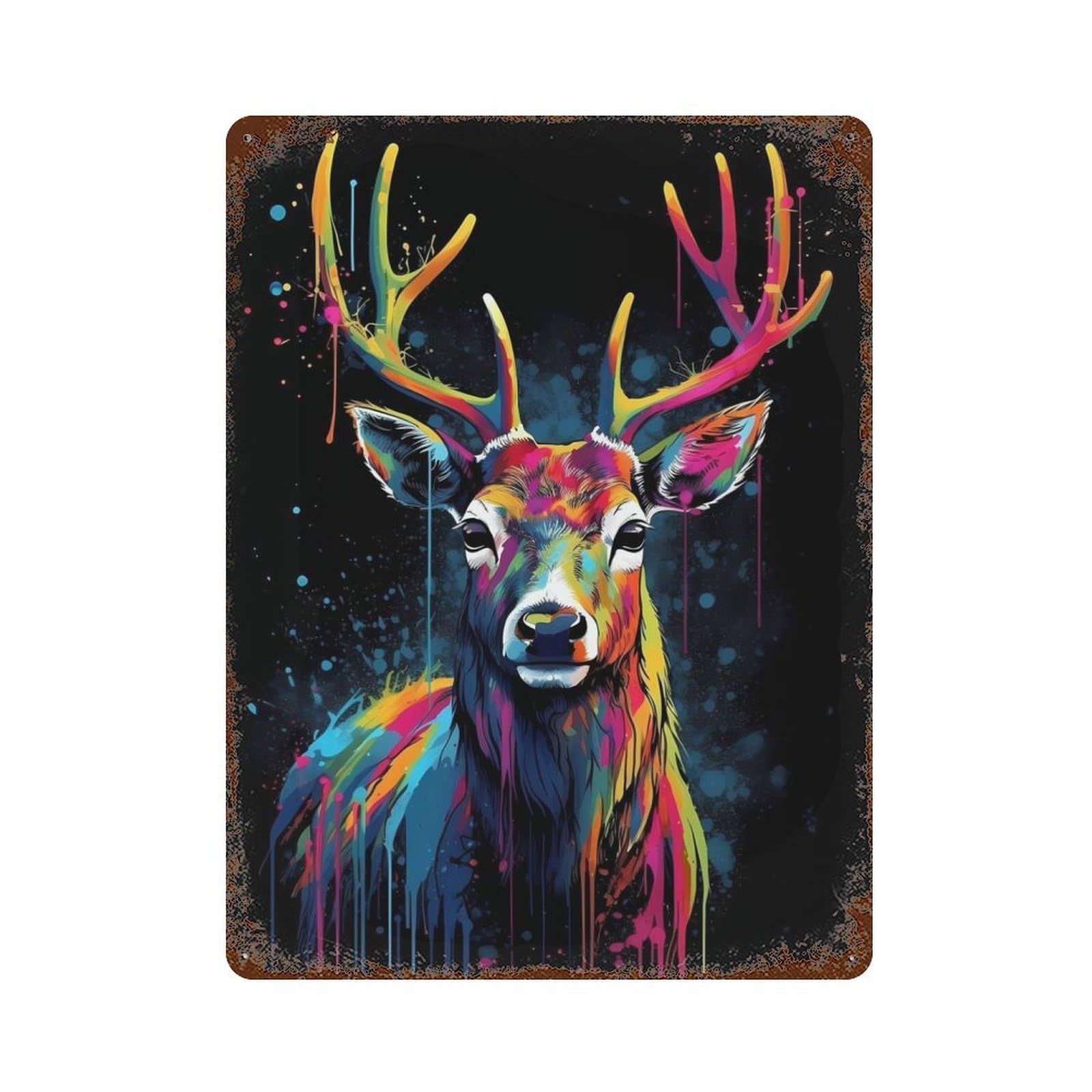 Colorful Deer With Drips Vintage Metal Tin Sign 15.7"x11.8", Novelty Wall Decor for Garage, Pub Or Kitchen