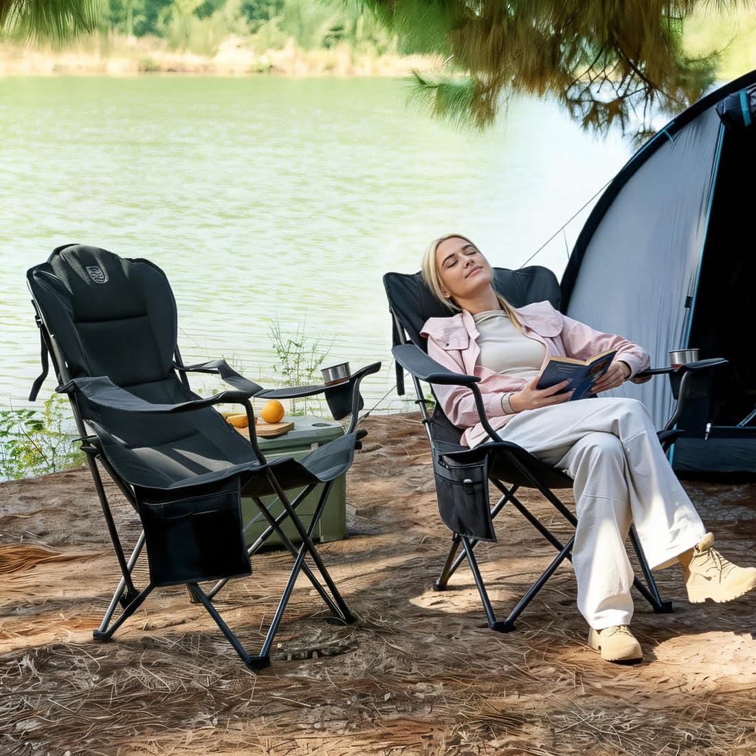 TIMBER RIDGE Campingstuhl Faltbar 180KG Rückenverstellbar in 3 Positionen Klappstuhl Gepolsterter Angelstuhl Übergroß Sitzbreite 62cm mit Seitentasche Getränkehalter