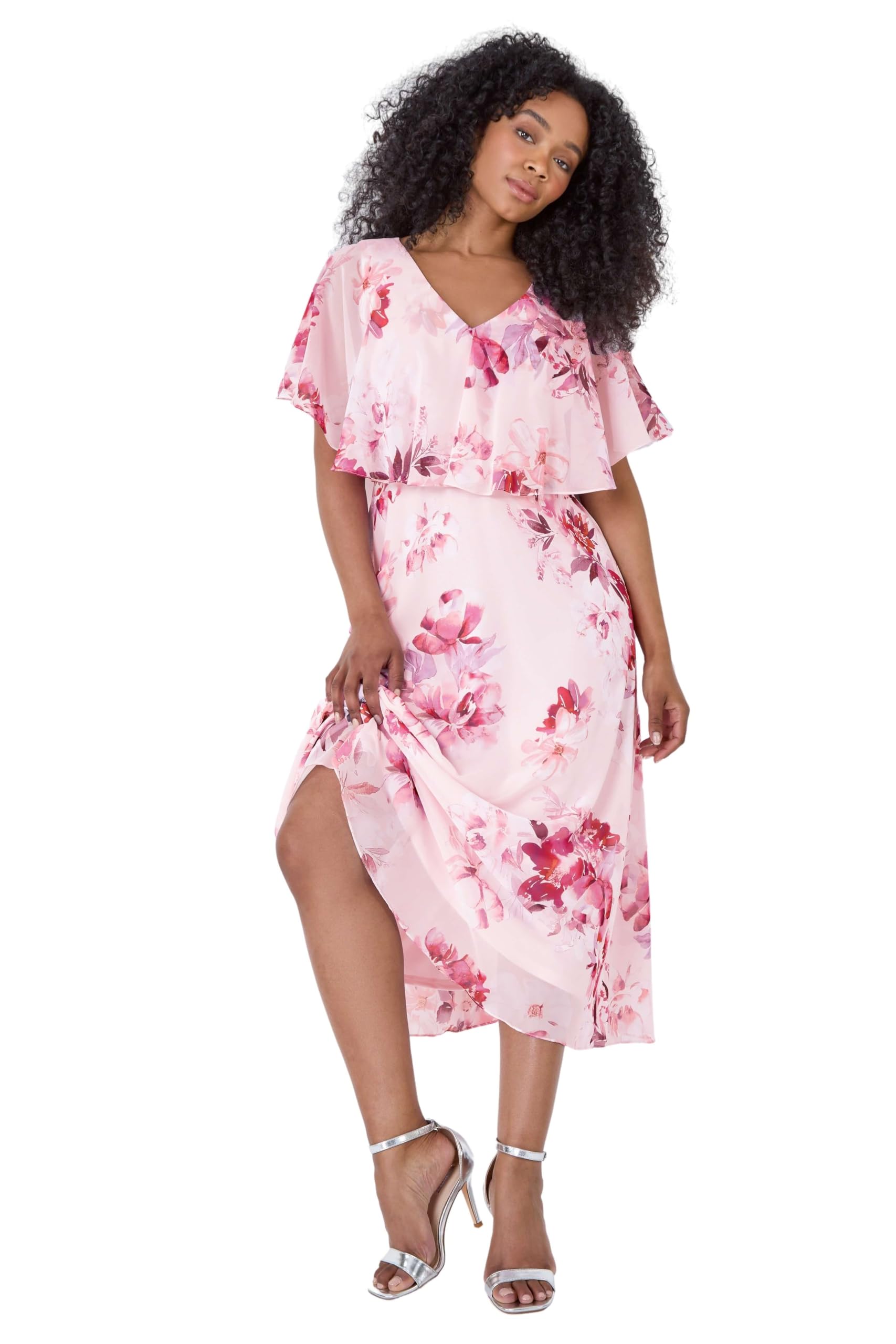 Roman Petite Floral Cape Chiffon Midi Dress, Pink, Size 14, Women