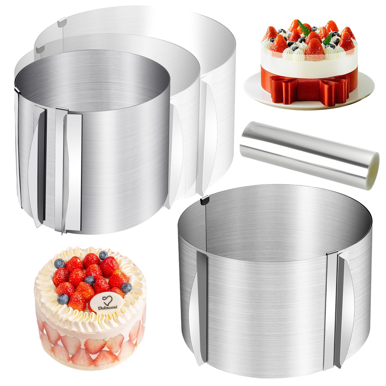 2Pcs Cake Ring, 6” to 12” Adjustable Cake Molds for Baking with 10m Cake Collar, Stainless Steel Mousse Rings Round Ring Molds Decorating Bakeware Set for Baking Pastry Cake Decor