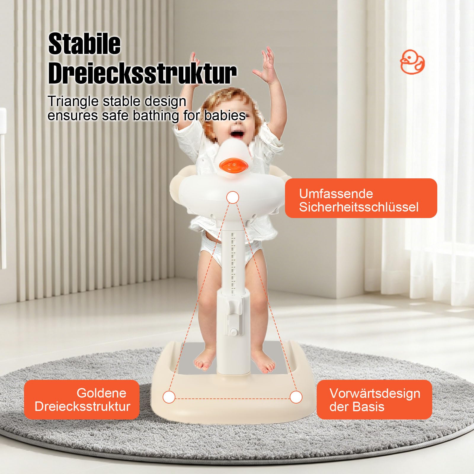 Baby Dusche Ständer, Einstellbarer Badewannenständer mit Duschsitz & AntiRutsch-Basis, Tragbarer Baby Badewanne Stand für das Lauftraining, Baby Duschhilfe für 6–36 Monate