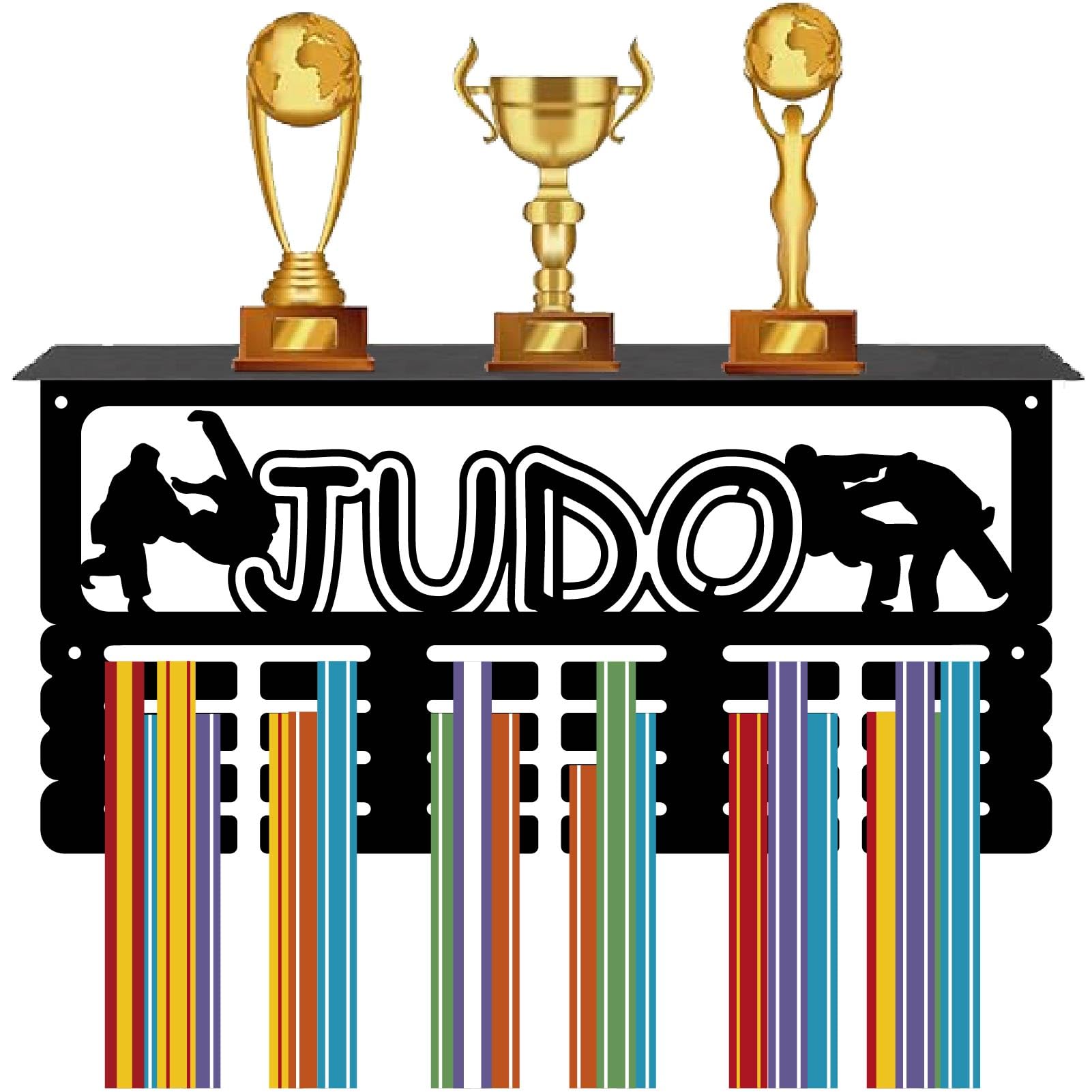 CREATCABIN Porta Medaglie Judo Espositore per Medaglie con Mensola per Trofei Montaggio A Parete Ganci per Rack Telaio in Ferro Appendini per Medaglie Sportive Organizzatore per Appendere 40x20x10cm