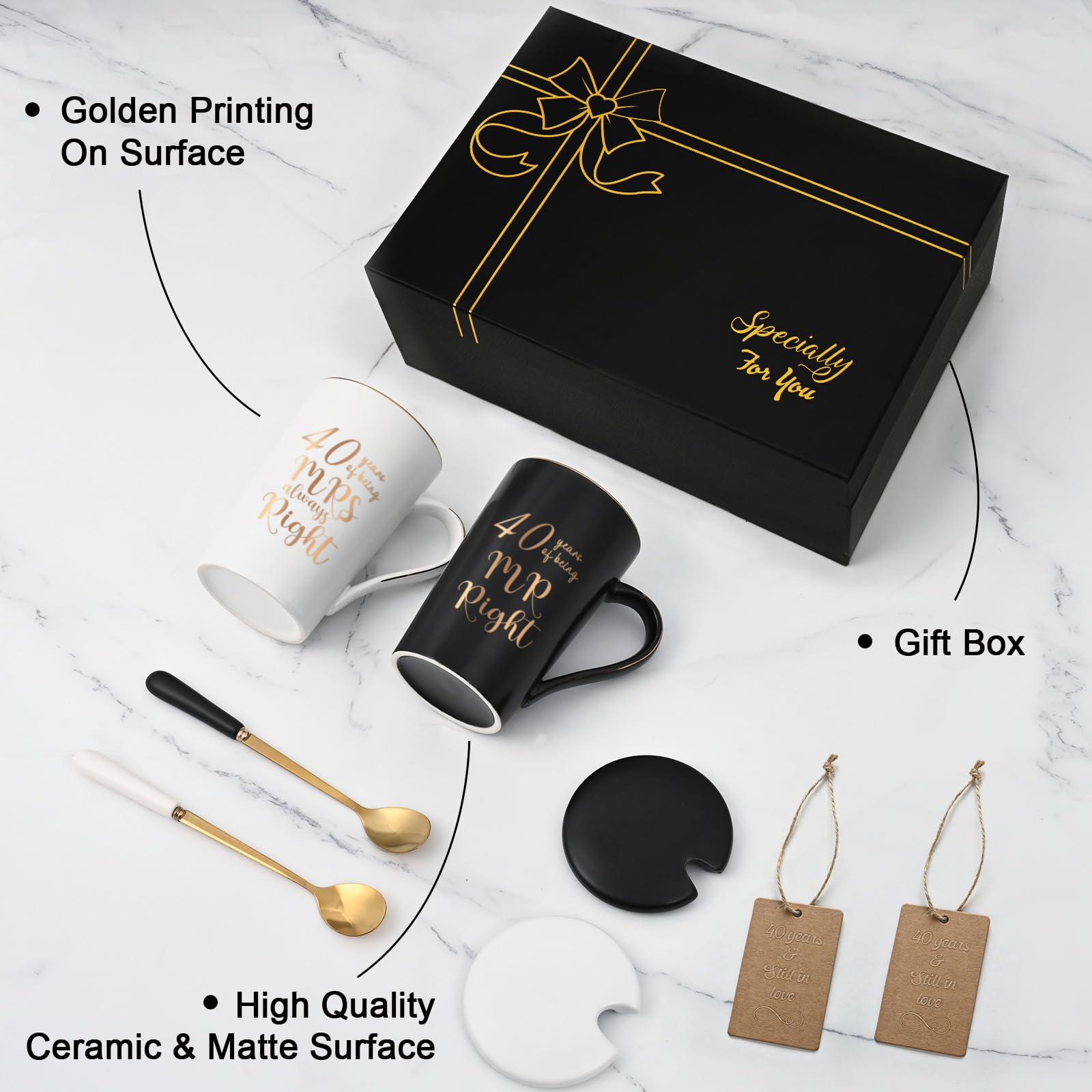YHRJWN 40th Wedding Gifts, 40 Years of Being Mr & Mrs Always Right Mug Set 14Oz with Lids Spoons and Gift Box, Christmas Anniversary Presents for Parents Couple