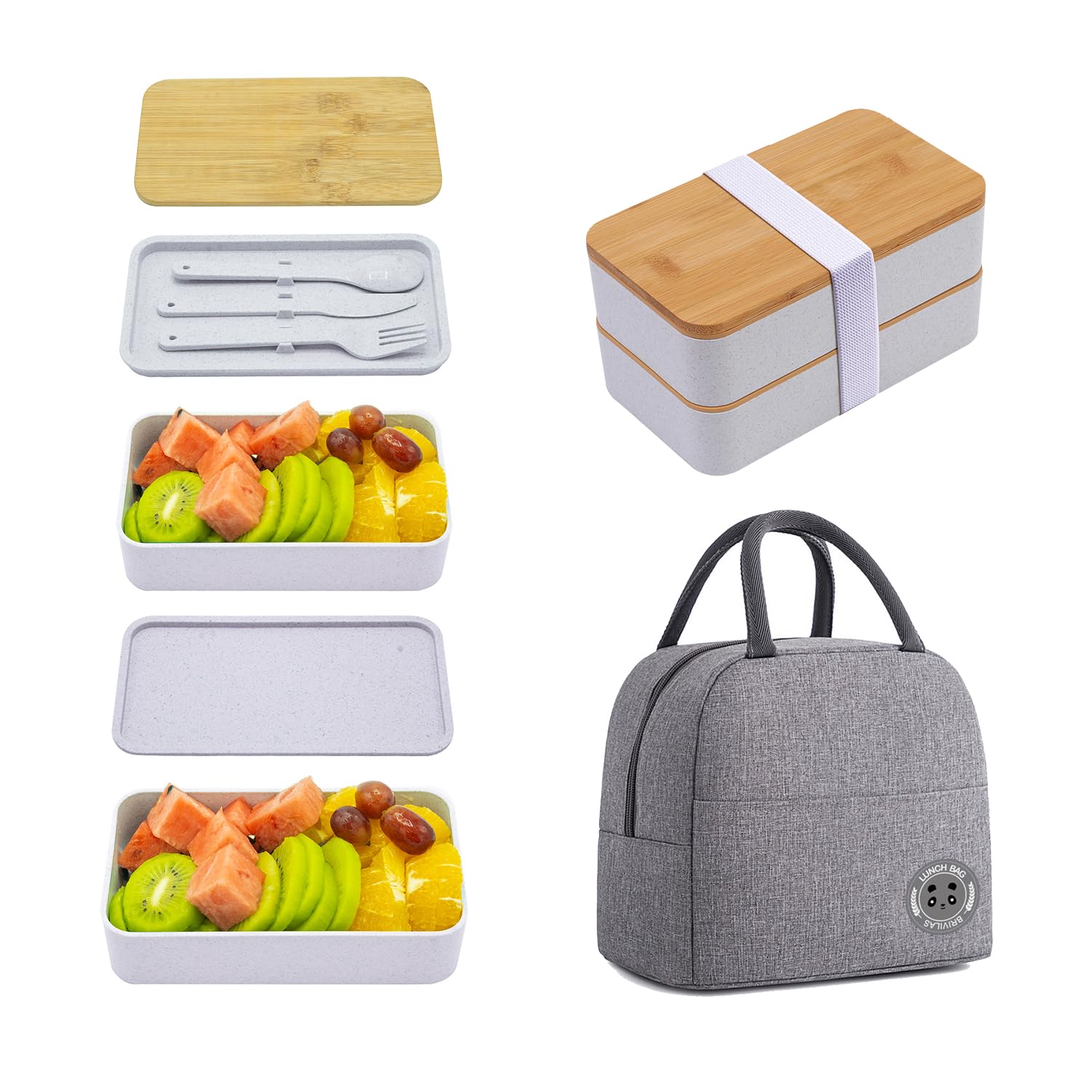 Caja Bento japonesa, lonchera de 2 capas, contenedor de almuerzo de preparación de comidas con tapa de tabla de cortar de bambú, bolsa, cubiertos, divisor, lonchera Bento para niños y adultos, gris