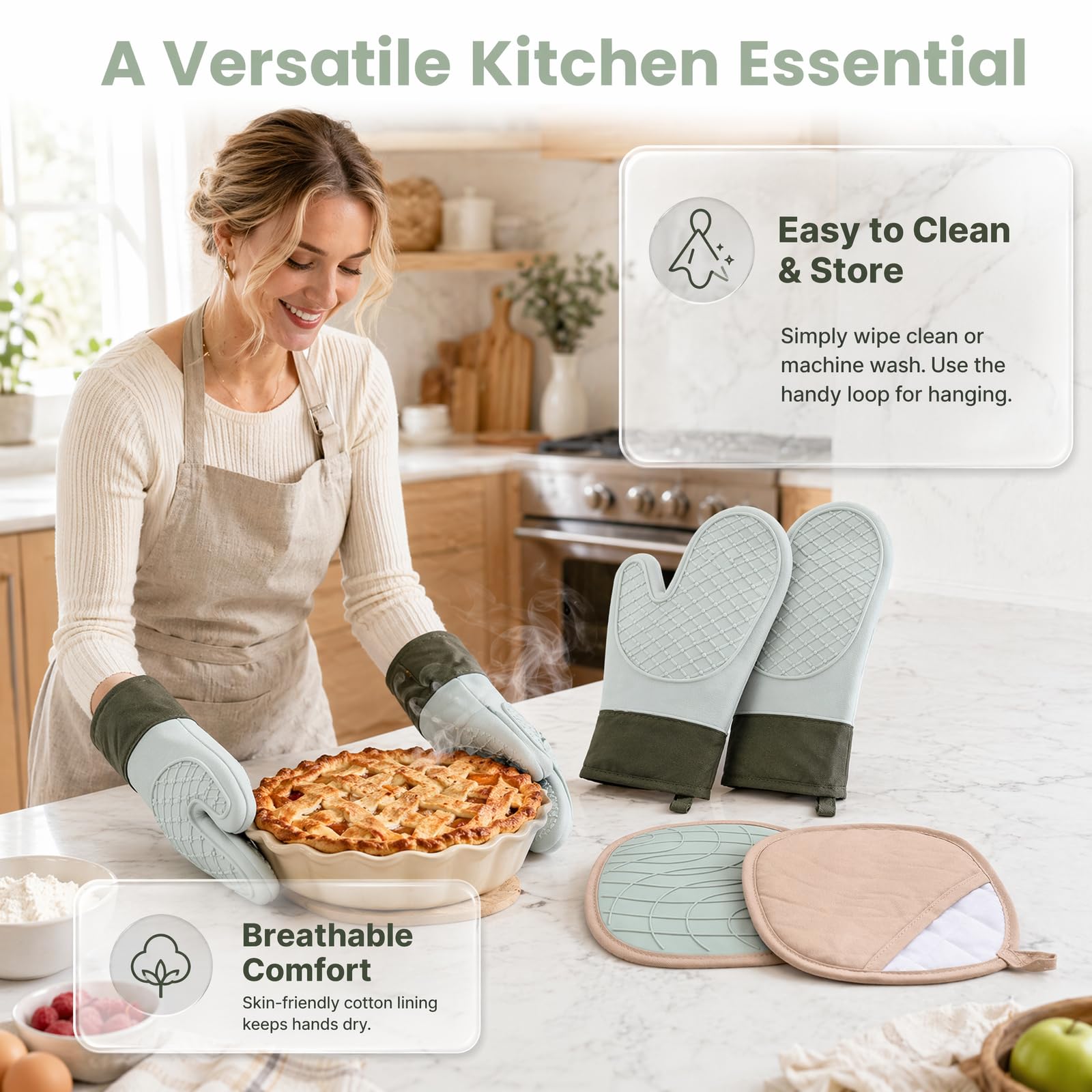 Ofenhandschuhe Topflappen Topfhandschuhe 4er Set, Handschuhe hitzebeständige, Baumwolle rutschfeste Topfhandschuhe, Mit Aufhängeösen, Kochhandschuhe zum Kochen Backen Grillen, extra dick, lang