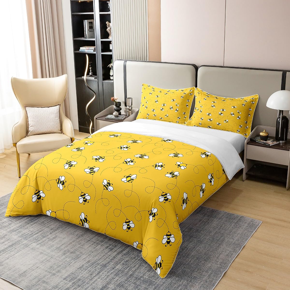 Loussiesd Süße Bienen Baumwolle Bettwäsche Set 135x200cm, Biene und Blumen Bettwäsche Natur Frühling Garten Bieneative Bettbezug für Mädchen Jungen Gelb Schwarz