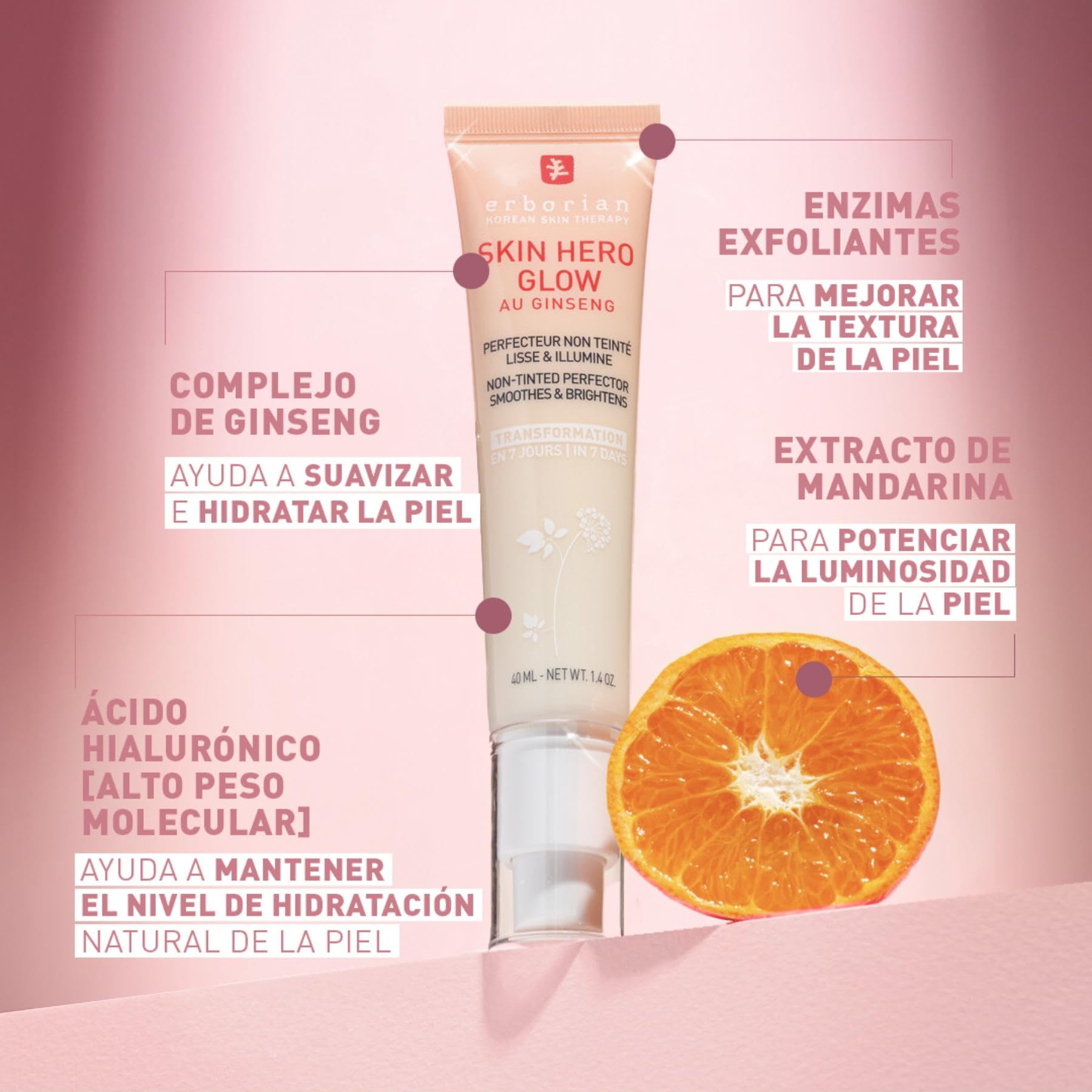 Erborian - Skin Hero Glow - Tratamiento facial perfeccionador para pieles sin teñir + potenciador de brillo de 7 días - Efecto piel de cristal - Textura ligera - Tratamiento cosmético coreano
