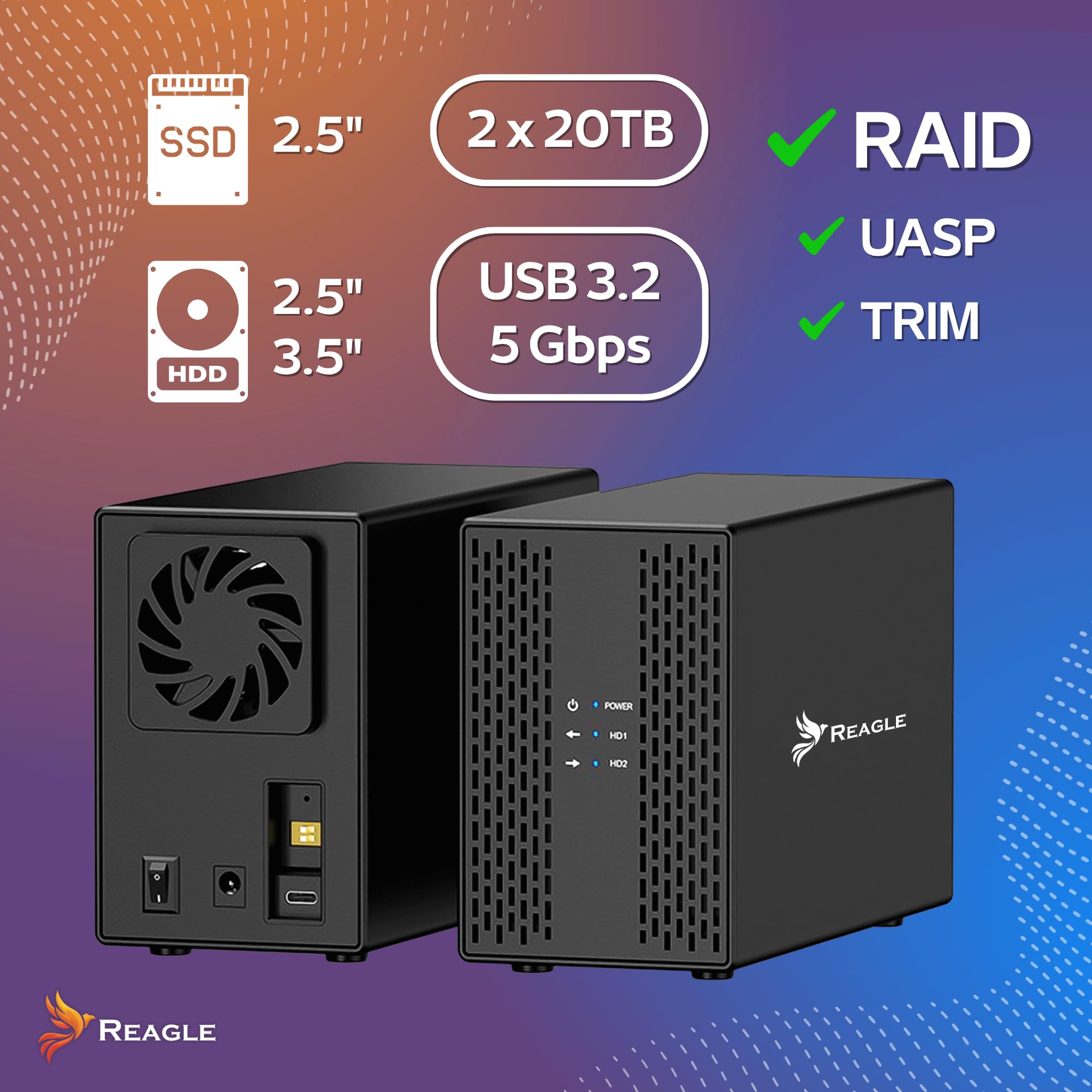REAGLE Obudowa dysku twardego RAID JBOD PM 2,5 cala 2 x 3,5 cala, SATA III USB 3.2 obudowa HDD SSD III, 40 TB, UASP i Trim obsługa, zasilacz 12 V/3 A 36 W, obudowa dysku twardego
