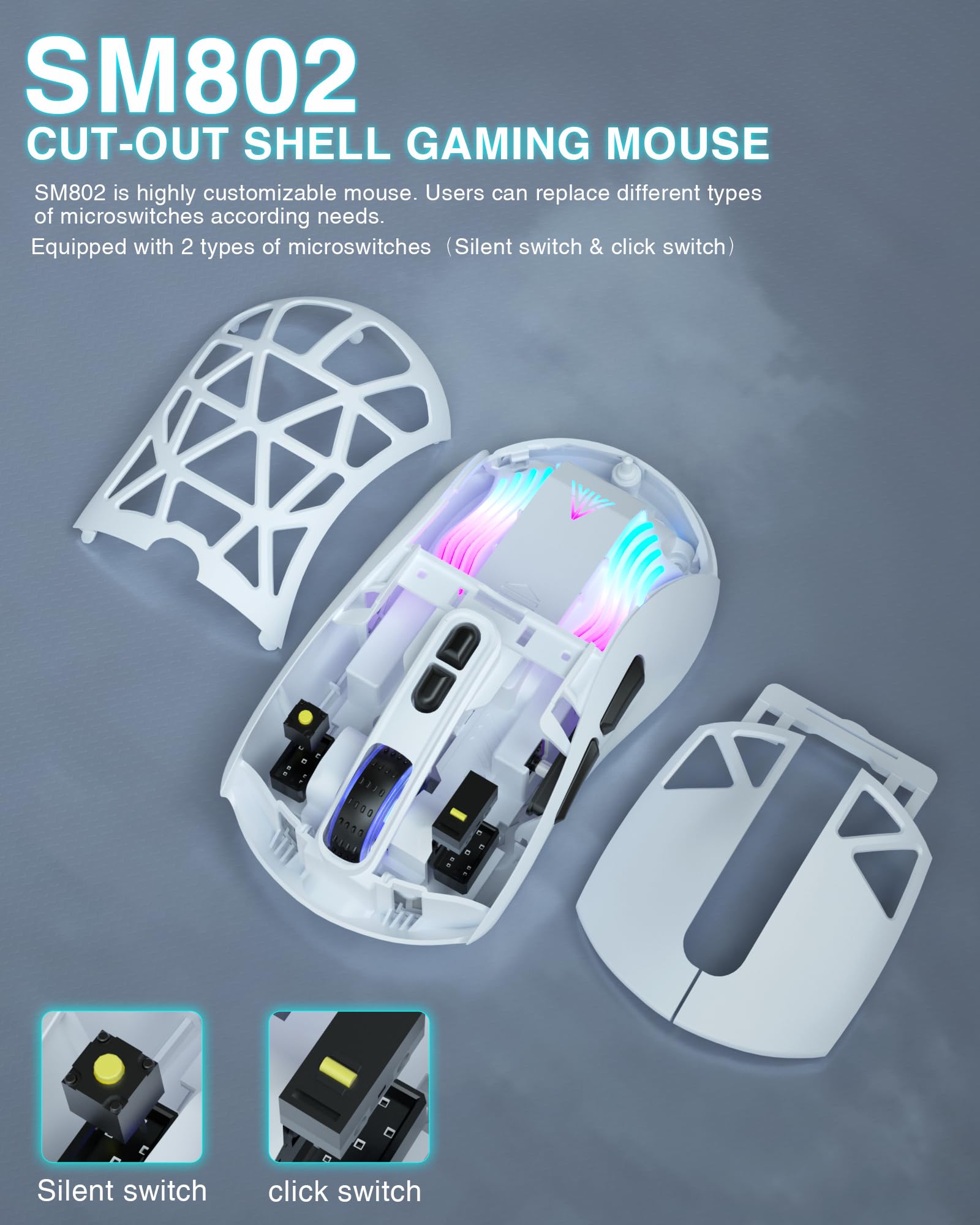 SOLAKAKA SM802 - Ratón inalámbrico blanco para juegos, 10000 DPI, Tri-Mode Wired/BT 5.0/2.4GHz Ratón inalámbrico para juegos con botón lateral, mouse macro programable RGB para laptop