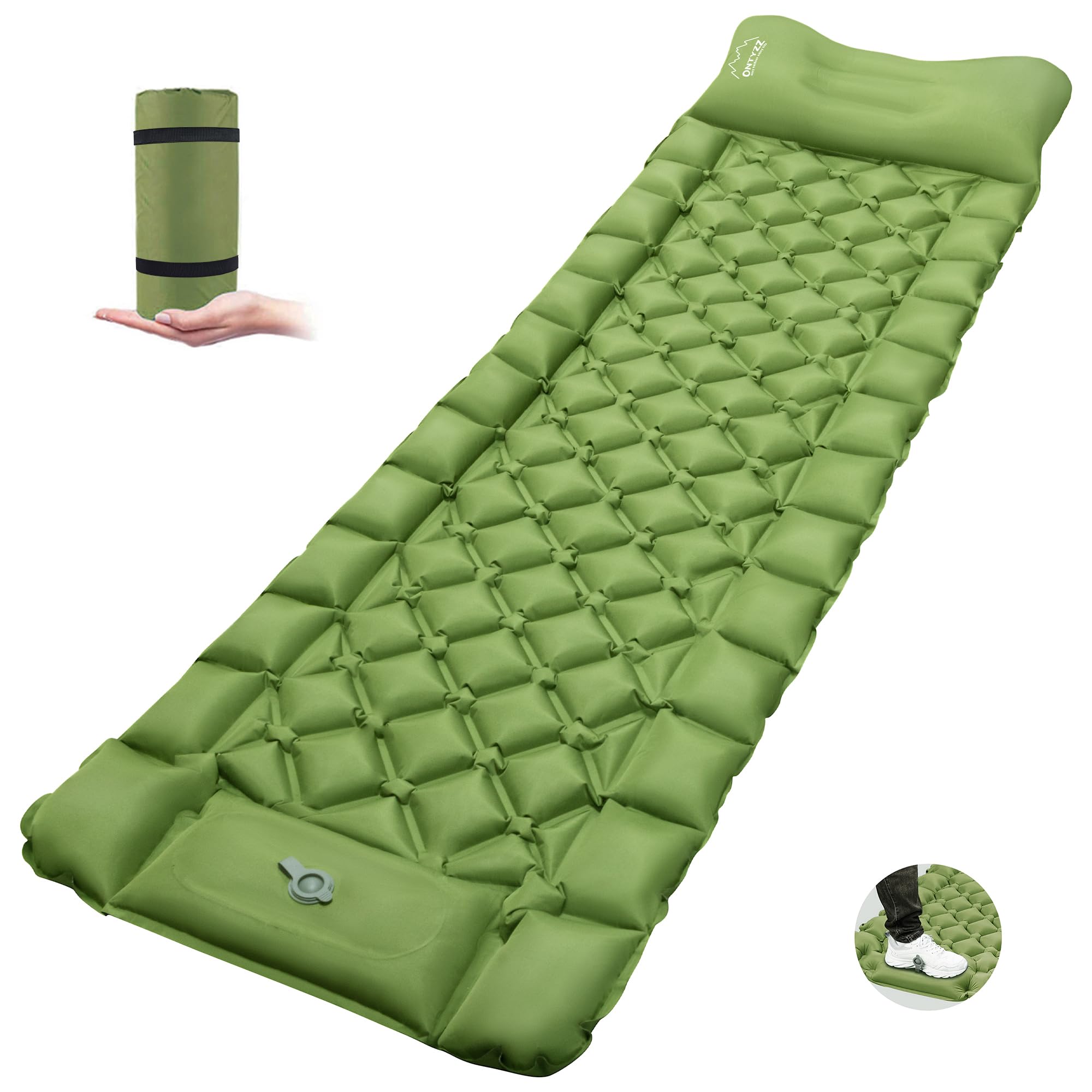 ONTYZZ Sleeping Pad Ultralight Inflatable Sleeping Pad with Built-in Foot Pump Upgraded Durable Compact Camping Air Pad for Hiking Traveling, Green