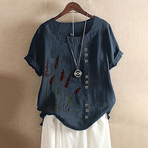 Miniatura 2 de Anjikang Camiseta de lino de algodón para mujer, talla grande, de manga corta, casual, floral