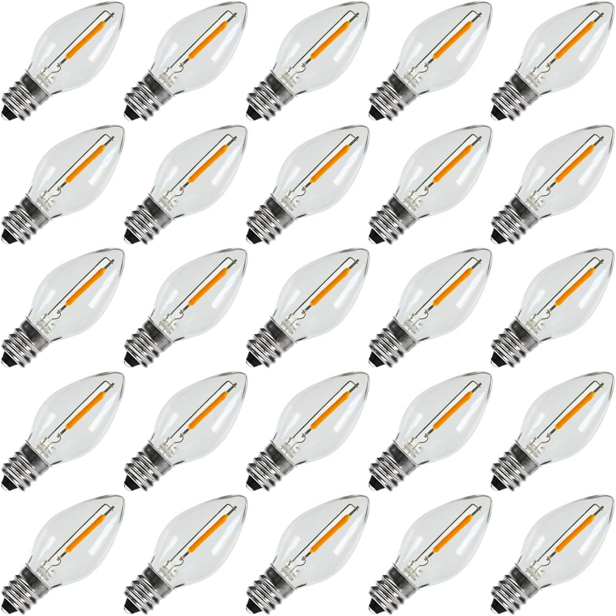 KGC 25Pack C7 LED Christmas Light Bulb, E12 Base LED Bulbs, 0.6W 2200K Warm White 50LM, Clear Plastic Night Lights C7 Replacement Bulbs for Christmas String Lights.