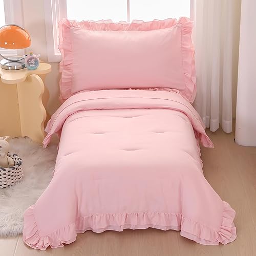 Miniatura 7 de Wowelife Juego de ropa de cama para niñas pequeñas de 4 piezas con volantes, estilo bohemio, copetudo, con flecos, color rosa, juego de ropa de cama