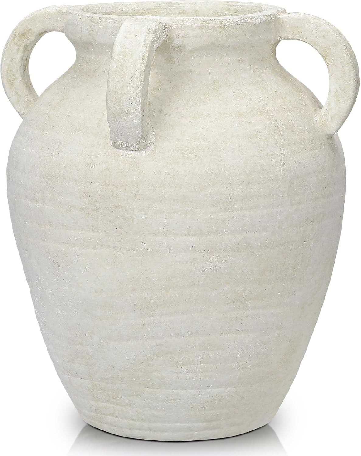 Handmade Flower Vase, 12" Tall Terracotta Vase, White Vintage Ceramic vase, Rustic Antique Decor with 3 Handles, Wide Mouth, Matte Finish for Home Office Resto Café Décor White With Handles 12"